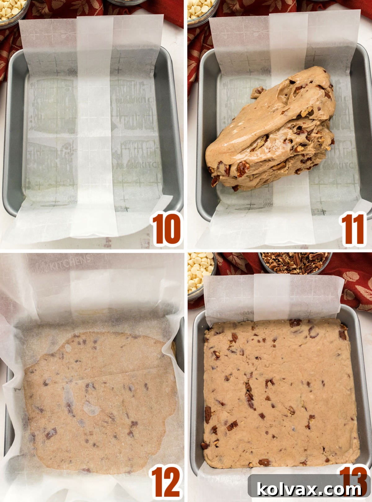 A collage showing the process of pressing the Butter Pecan Fudge mixture into an 8x8 inch baking pan, demonstrating how to achieve a smooth, even surface.