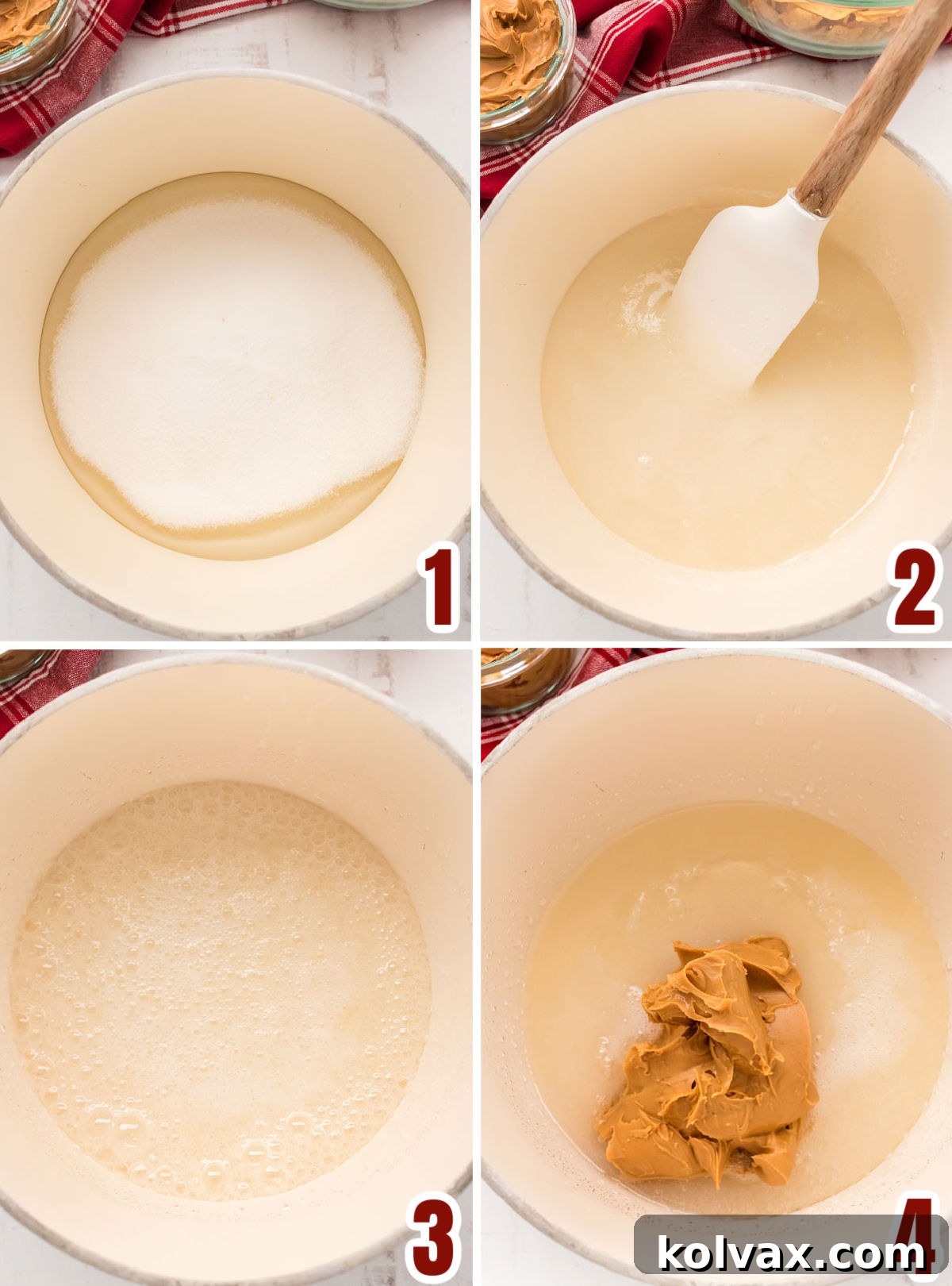 A visual guide showing how to prepare the peanut butter mixture in a saucepan: sugar and corn syrup combined, brought to a boil, then peanut butter added.