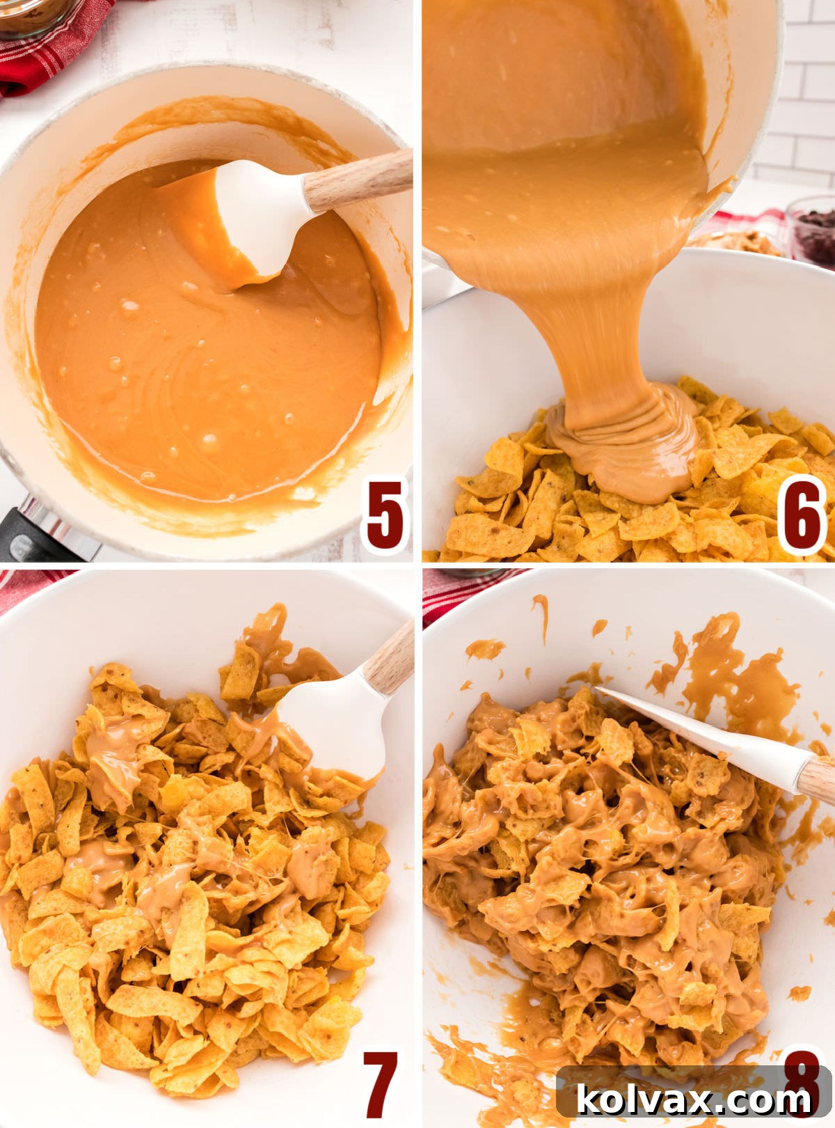 A visual guide demonstrating how to coat Fritos in the peanut butter mixture: pouring the mixture over chips, then gently folding them together until fully coated.