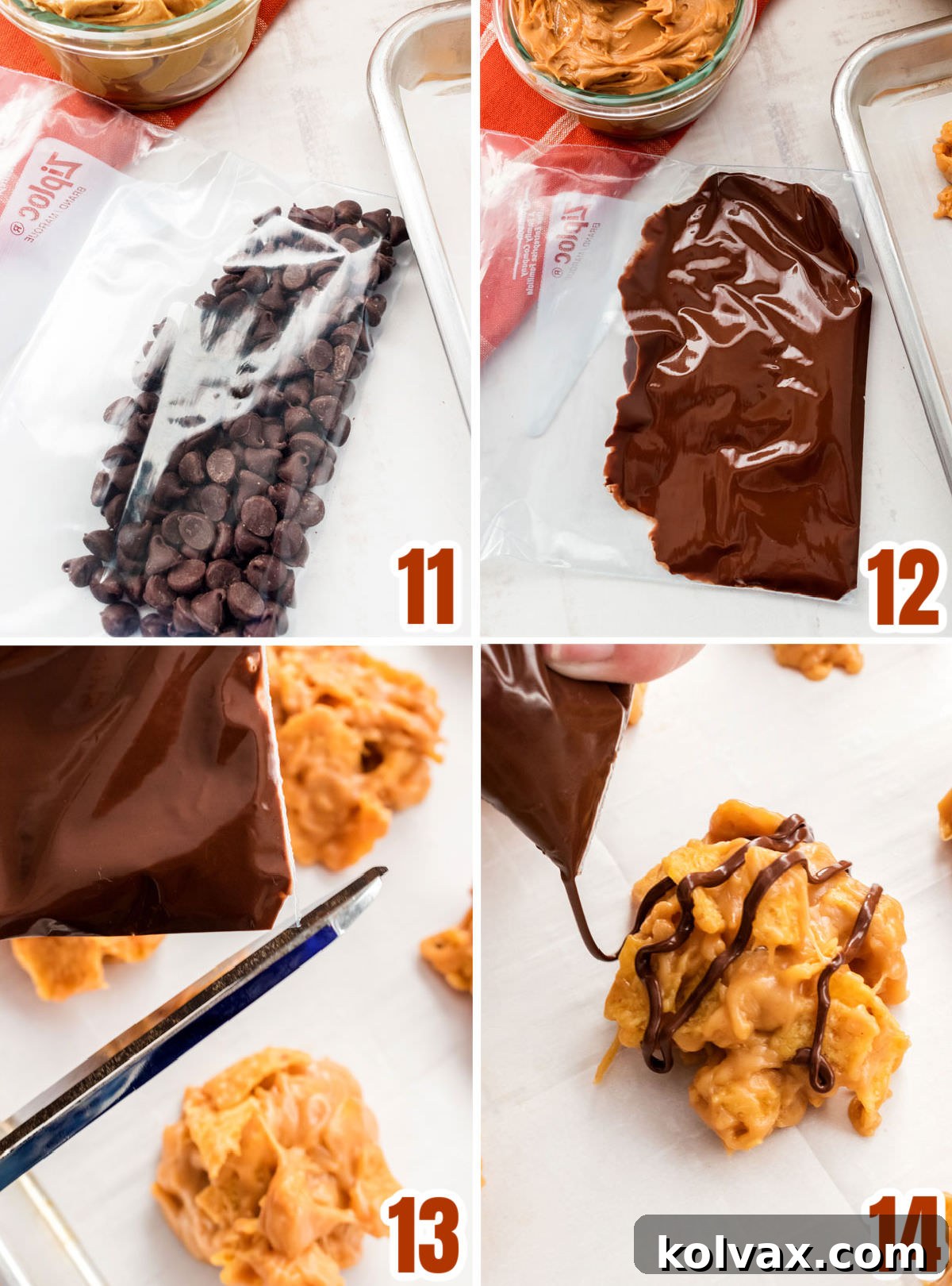 A collage demonstrating the chocolate drizzling technique: chocolate chips in a bag, melted chocolate, snip off corner, and drizzling over cookies.