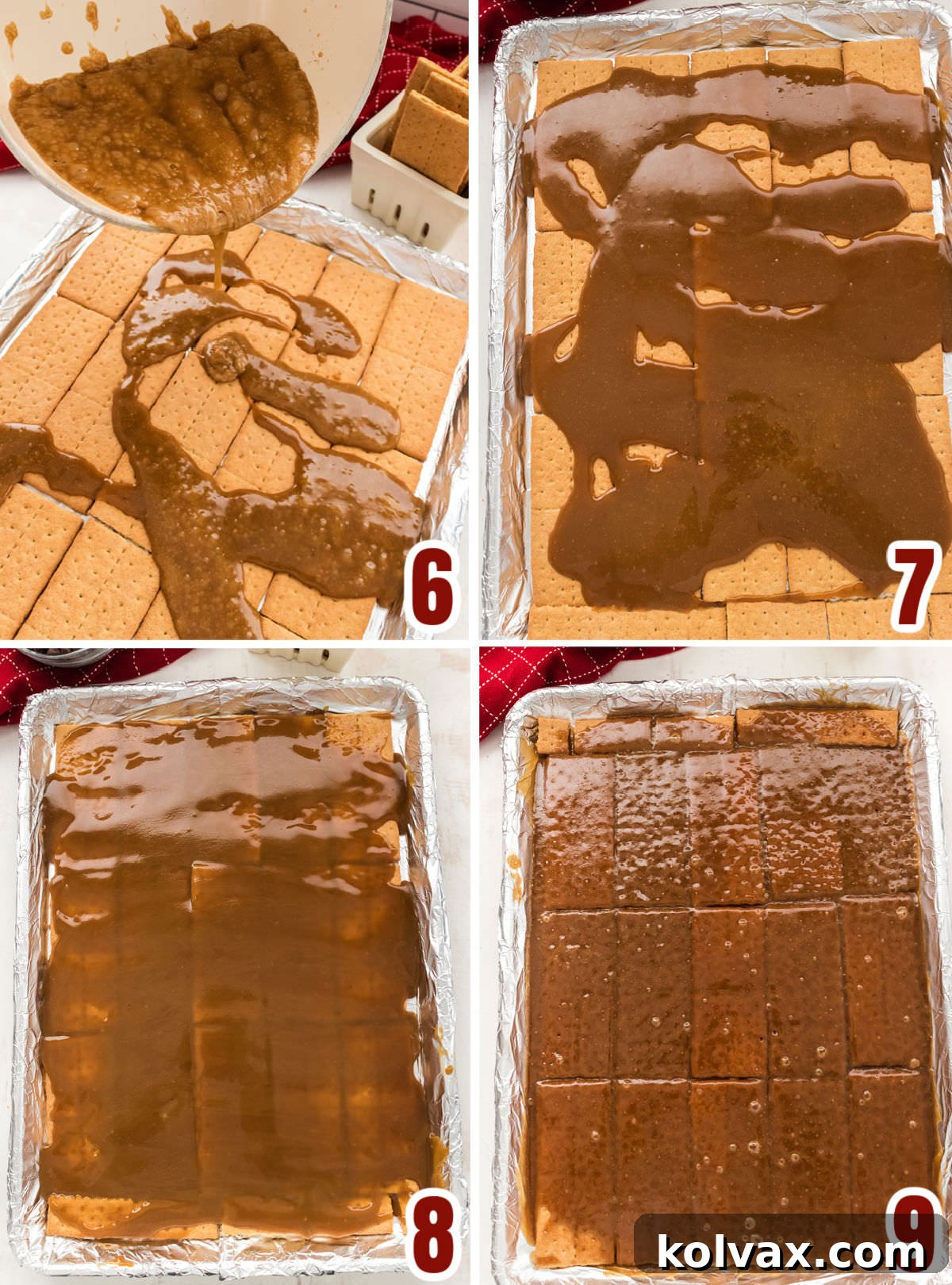 Collage image showing the steps for how to pour the toffee mixture onto the Graham Crackers.