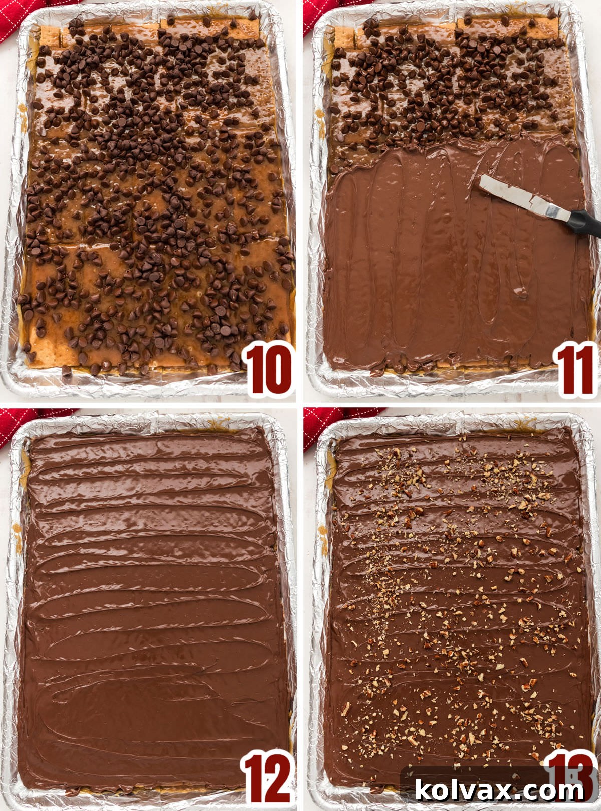 Collage image showing to to melt the chocolate for the top layer of the Graham Cracker Toffee.