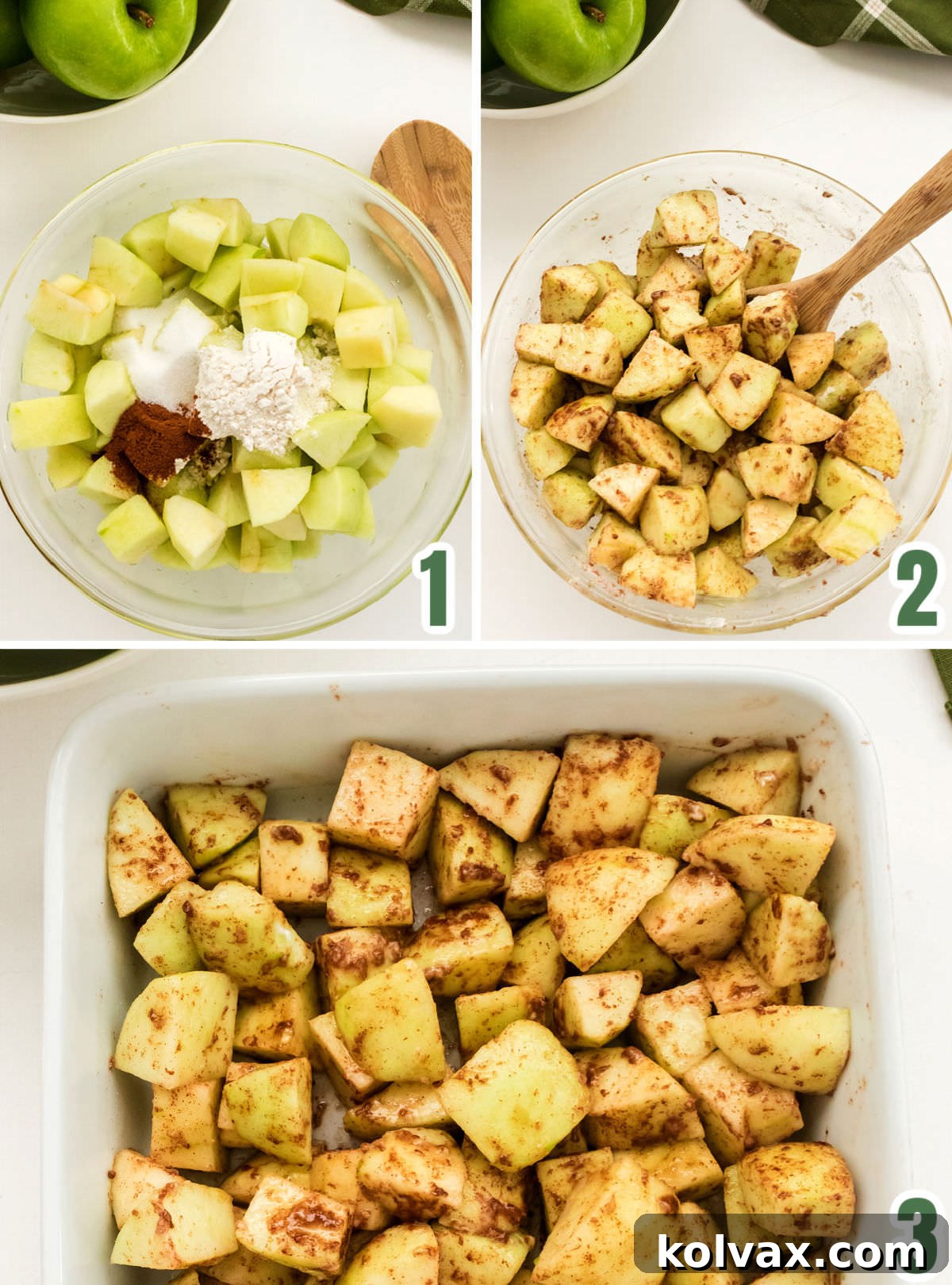 A visual collage illustrating the steps for preparing apples for an apple crisp, including peeling, chopping, mixing with spices, and pouring into a baking dish.