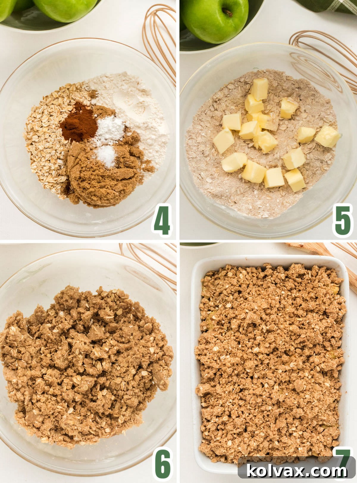 A visual collage demonstrating the process of making the oat topping for Apple Crisp, from mixing dry ingredients to incorporating cold butter and achieving a crumbly texture.