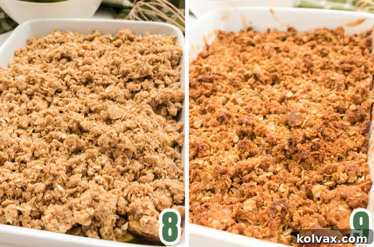 A collage showing an apple crisp baking dish before and after baking, highlighting the golden-brown topping and bubbling apple filling.