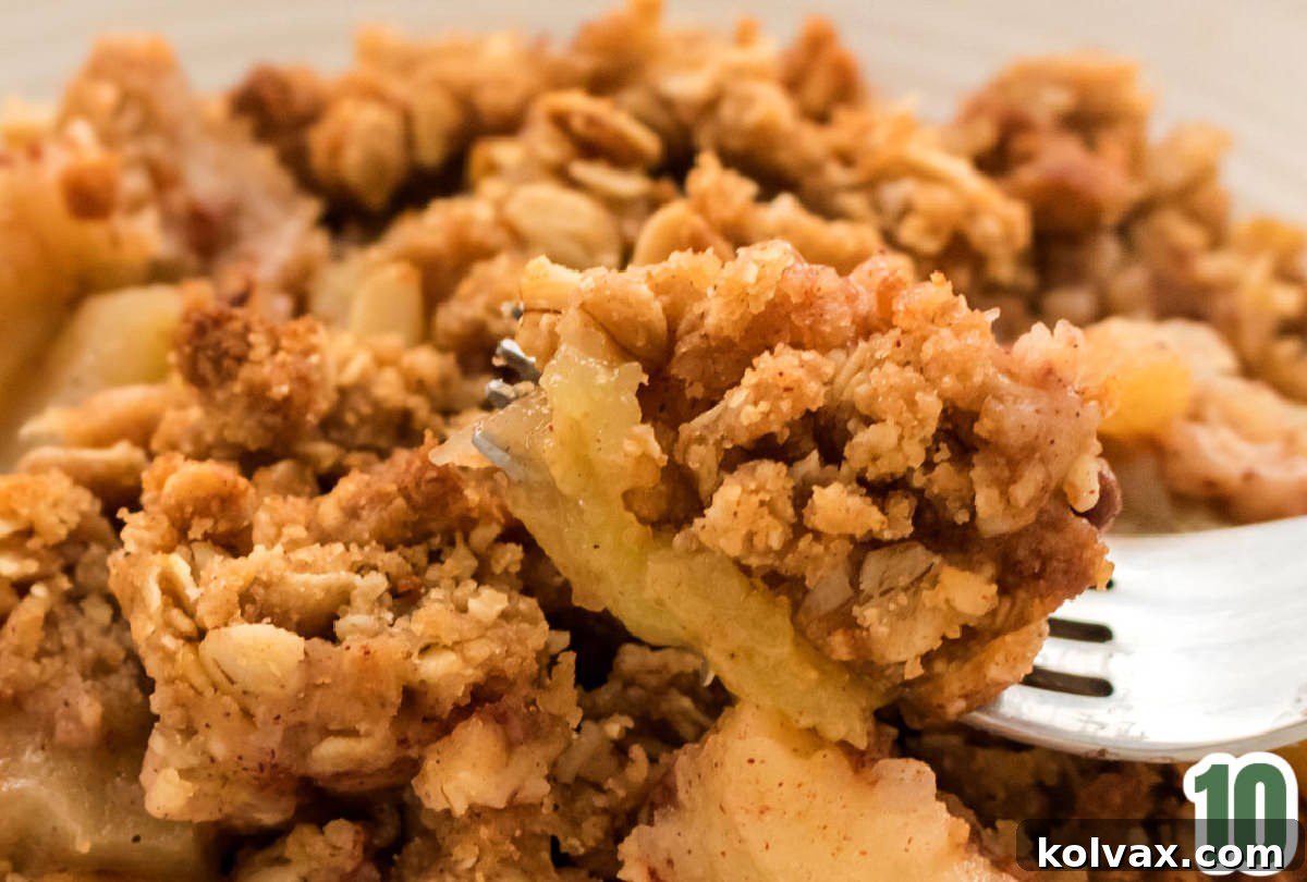 A close-up of a bowl of warm Apple Crisp, with a fork digging into a perfect bite of the dessert.
