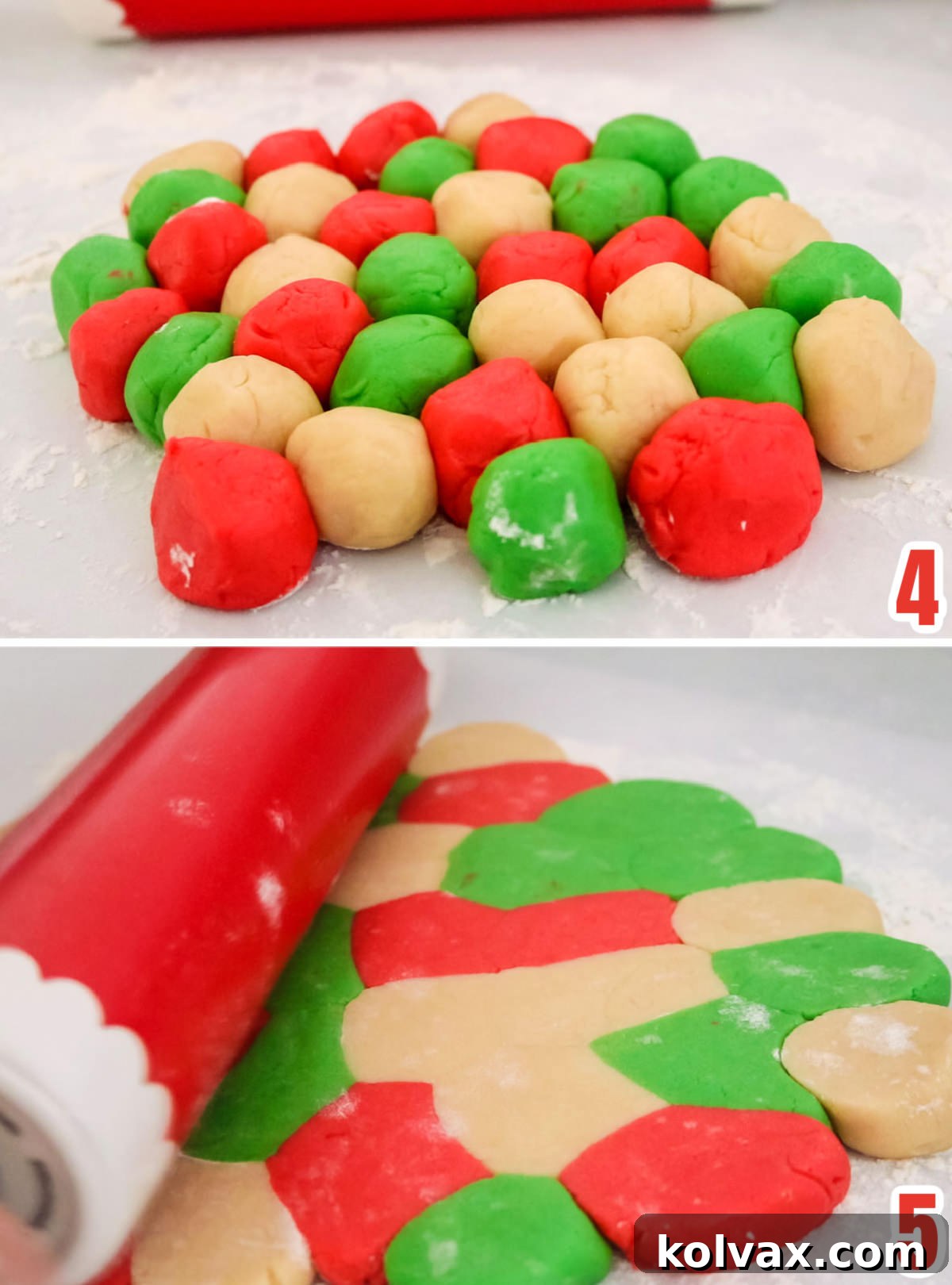 A detailed collage showcasing the step-by-step process of arranging and rolling out marbled sugar cookie dough to achieve a perfect swirling pattern for cutting cookies.