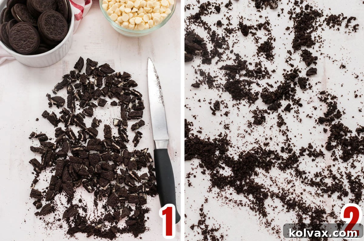 A visual collage illustrating the process of chopping Oreo cookies, showing whole cookies, roughly chopped pieces, and the separation of crumbs, ensuring perfect texture for the fudge.