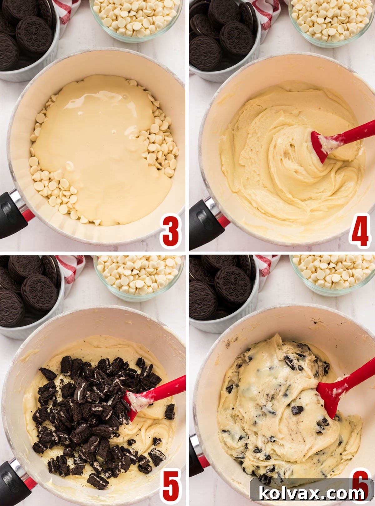 A collage of images demonstrating the cooking steps for Oreo Fudge, showing white chocolate chips and condensed milk melting in a saucepan, followed by the addition of Oreo pieces and the final combined mixture.