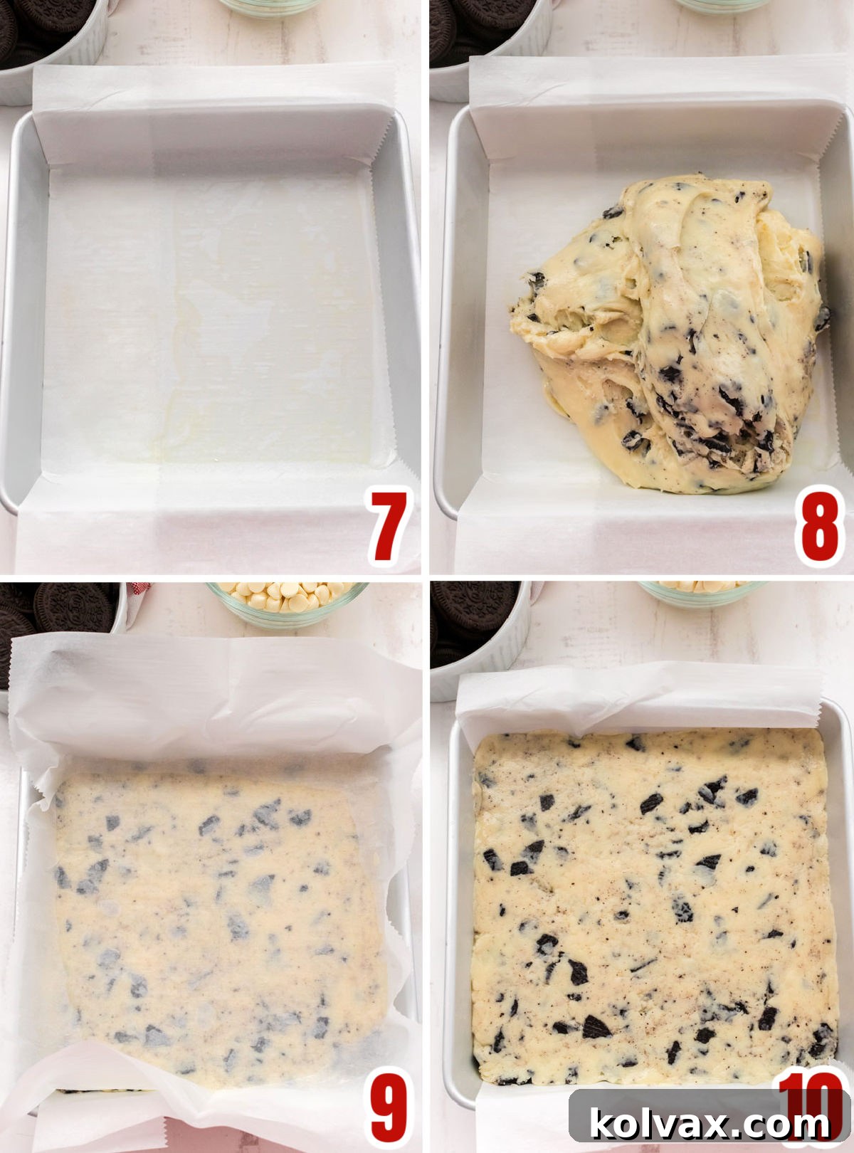 A visual guide showing the process of pressing the warm Oreo Fudge mixture into an 8x8" baking pan lined with parchment paper, preparing it for chilling.