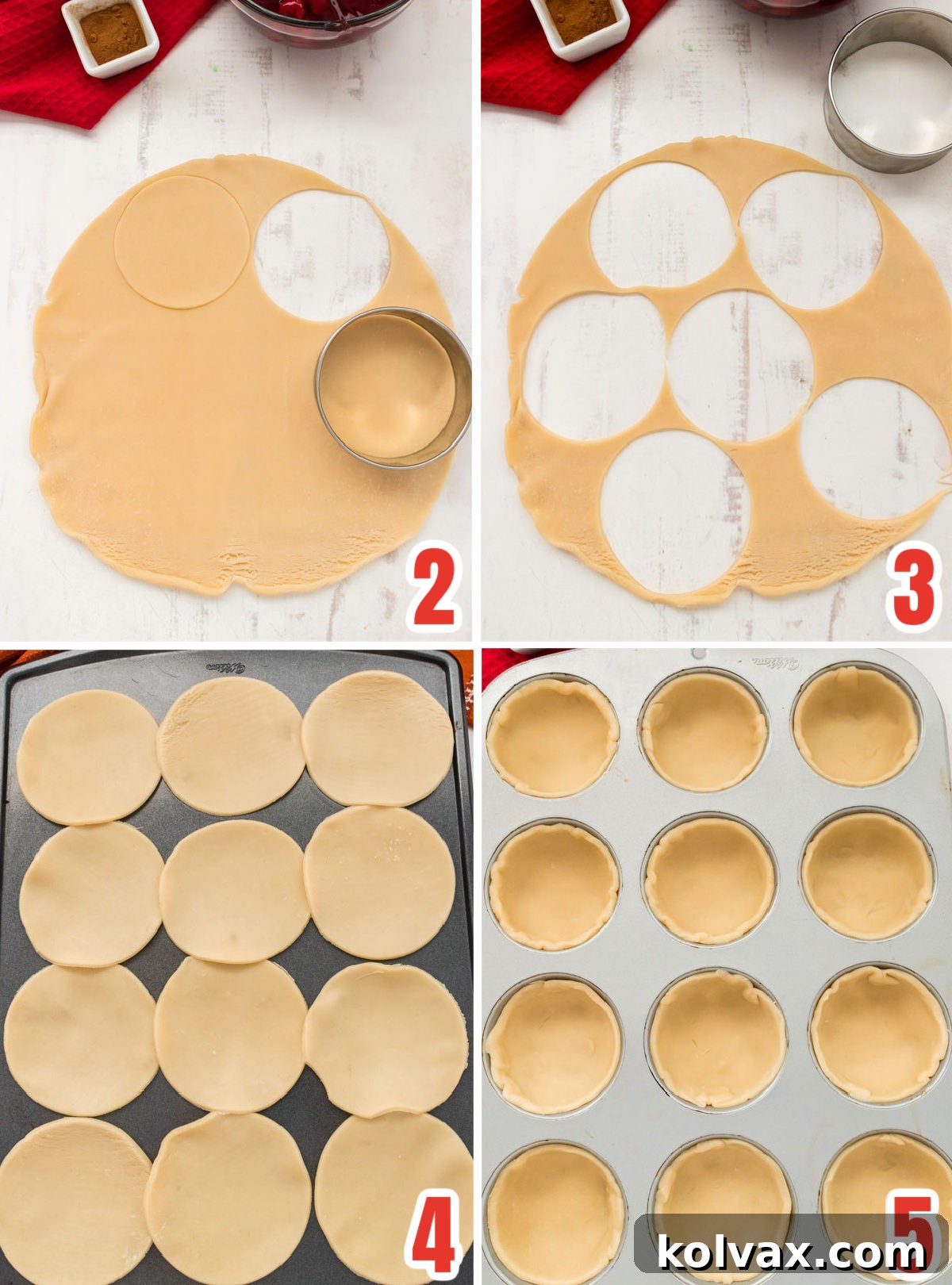 Bite-Sized Cherry Delights 5 A four-panel collage showing the process of preparing mini pie crusts: unrolling the dough, cutting circles with a biscuit cutter, pressing them into a muffin tin, and brushing with egg white to prevent sogginess.