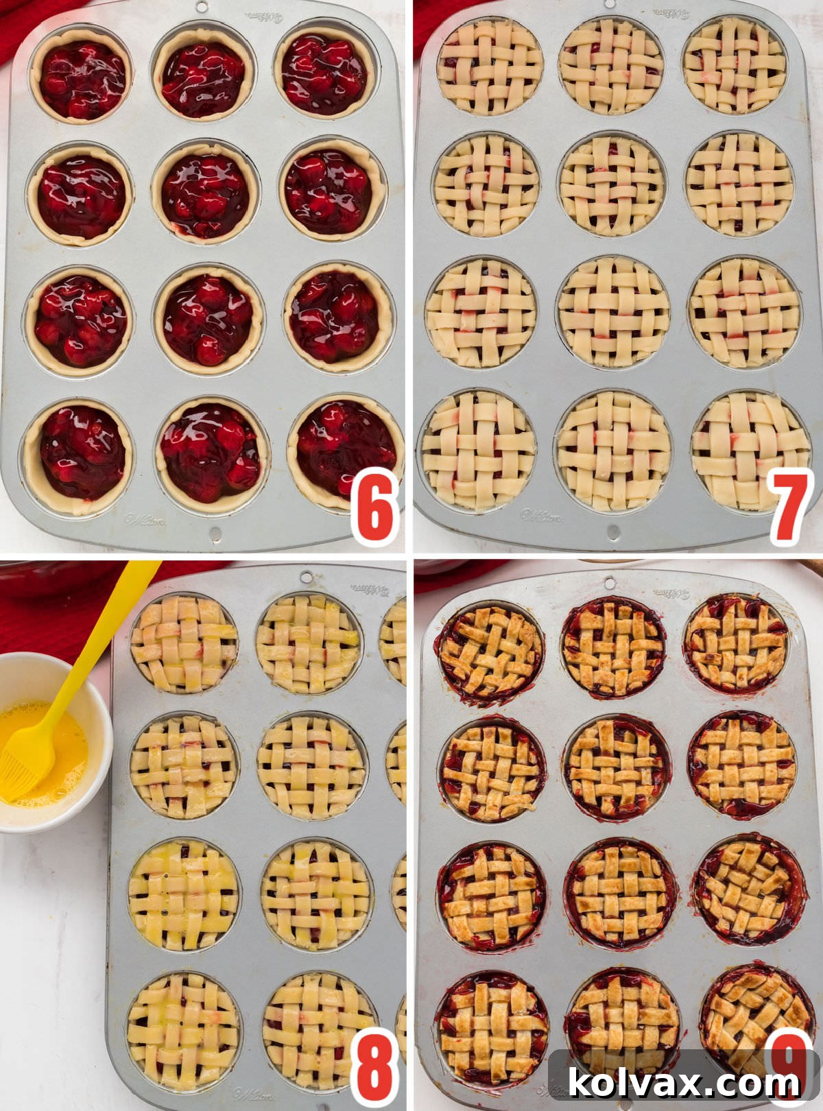 Bite-Sized Cherry Delights 6 A collage displaying the final steps of assembling mini cherry pies before baking: spooning the enhanced cherry pie filling into the crusts, intricately weaving a lattice top, and brushing the tops with an egg yolk wash for a golden finish.