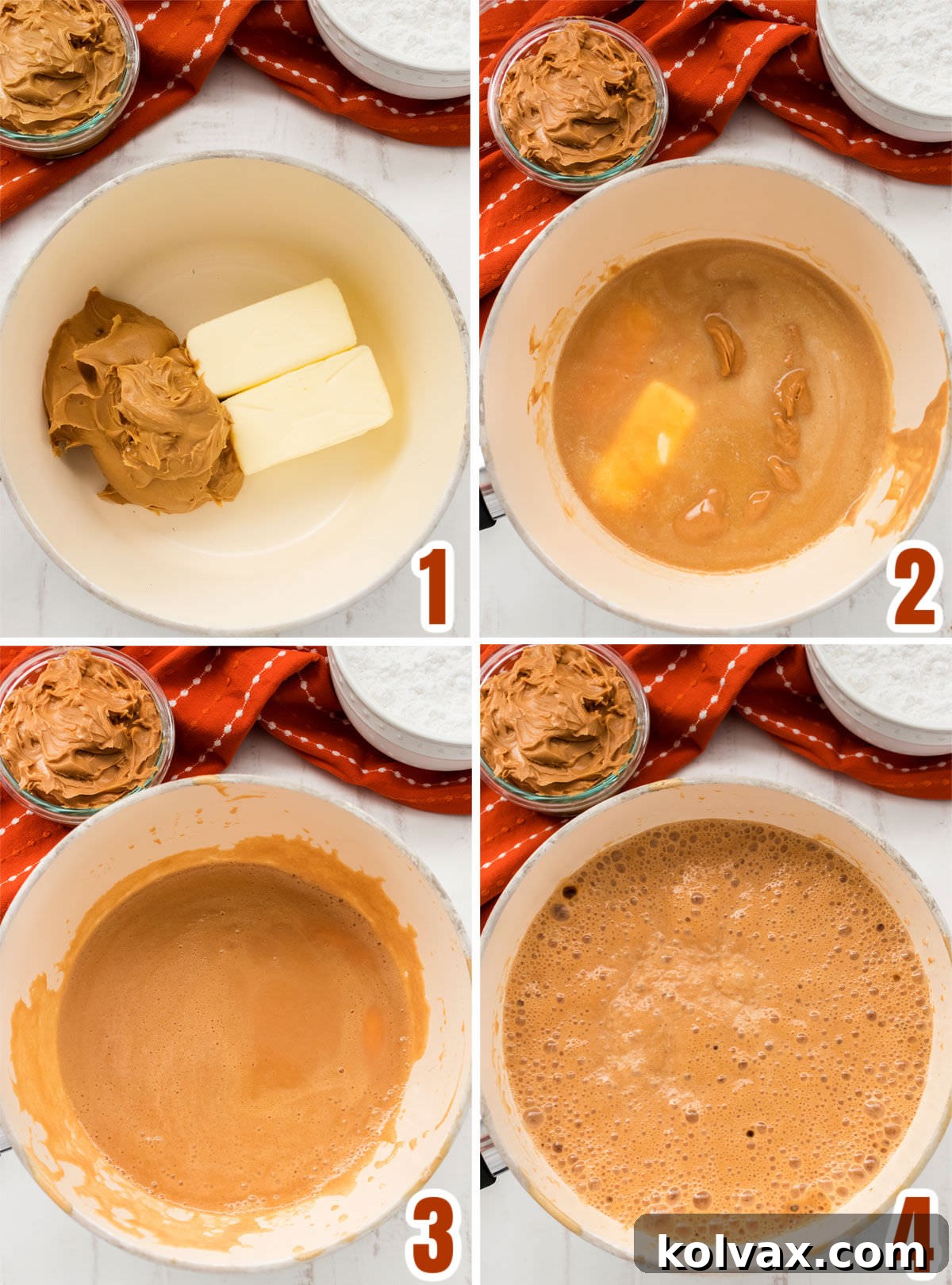 A sequential collage illustrating the initial steps of making Easy Peanut Butter Fudge, from melting butter and peanut butter together to bringing the mixture to a boil.