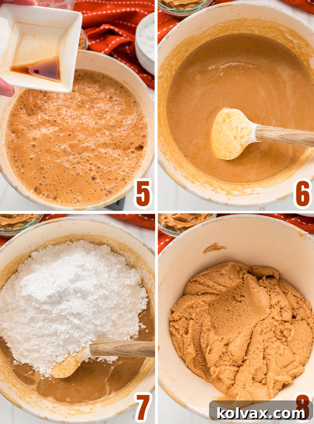 A collage of images detailing the next phase of Easy Peanut Butter Fudge preparation: adding vanilla extract and powdered sugar, and mixing thoroughly until smooth.