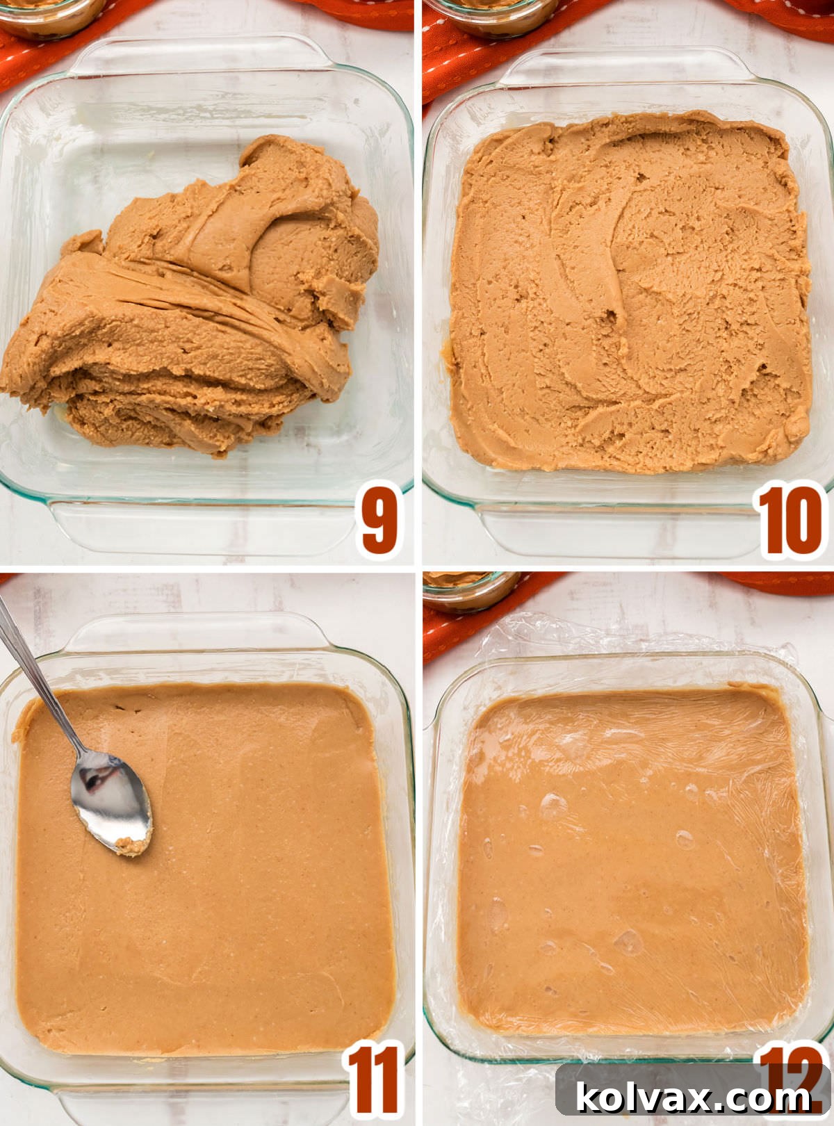 A step-by-step visual guide showing how to press and spread the freshly made Easy Peanut Butter Fudge mixture into a prepared baking pan before chilling.