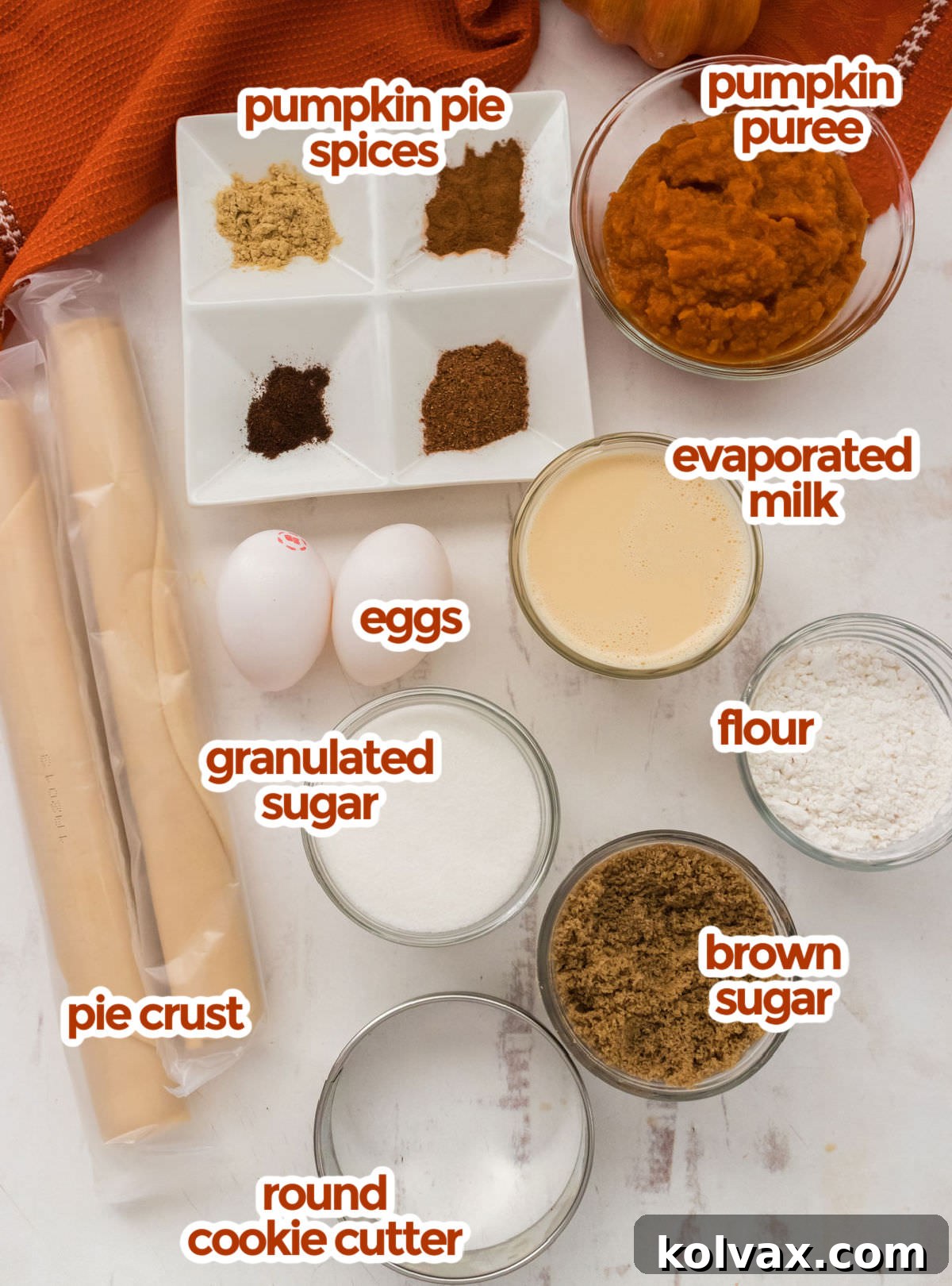 All the ingredients you will need to make Mini Pumpkin Pies including pre-made pie crust, pumpkin puree, pumpkin pie spices, evaporated milk, eggs, granulated sugar, brown sugar, and a touch of flour.