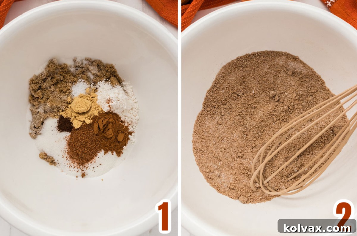 Collage image showing how to prepare the dry ingredients for the Pumpkin Pie Filling: adding all dry ingredients to a bowl, then whisking them together until well combined.
