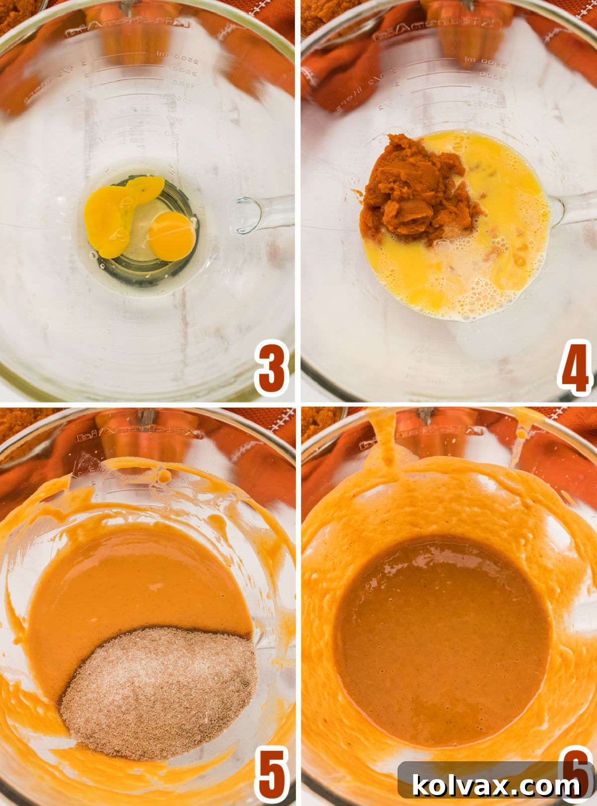 Collage image showing how to make the Pumpkin Pie Filling: beating eggs, then mixing in pumpkin puree and evaporated milk, followed by incorporating the dry ingredients, and finally covering the bowl for chilling.