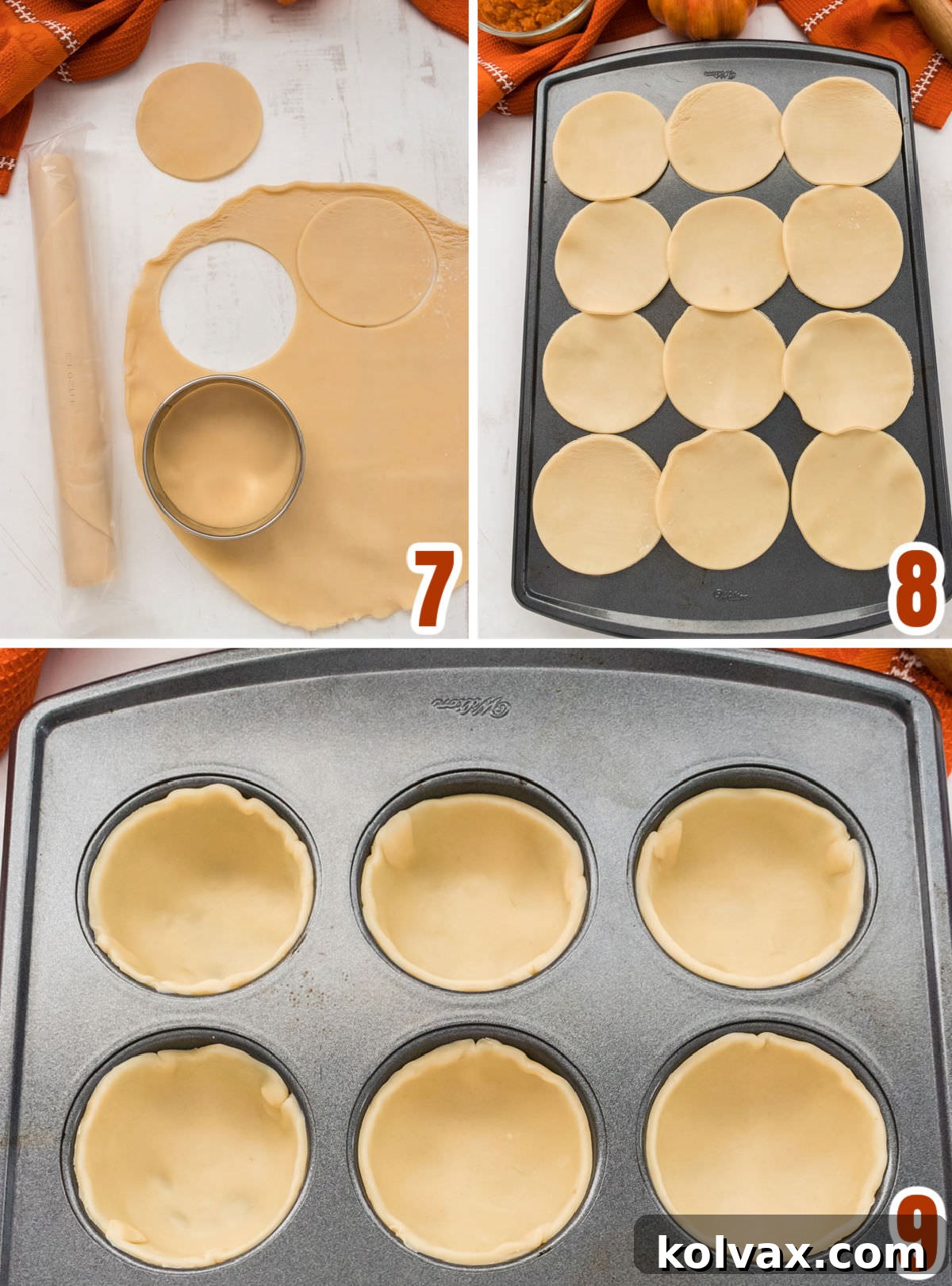 Collage image showing the steps for preparing the Pie Crust in the muffin tins: unrolling pie crust, cutting out mini circles with a biscuit cutter, pressing them into a muffin tin, and brushing with egg white.
