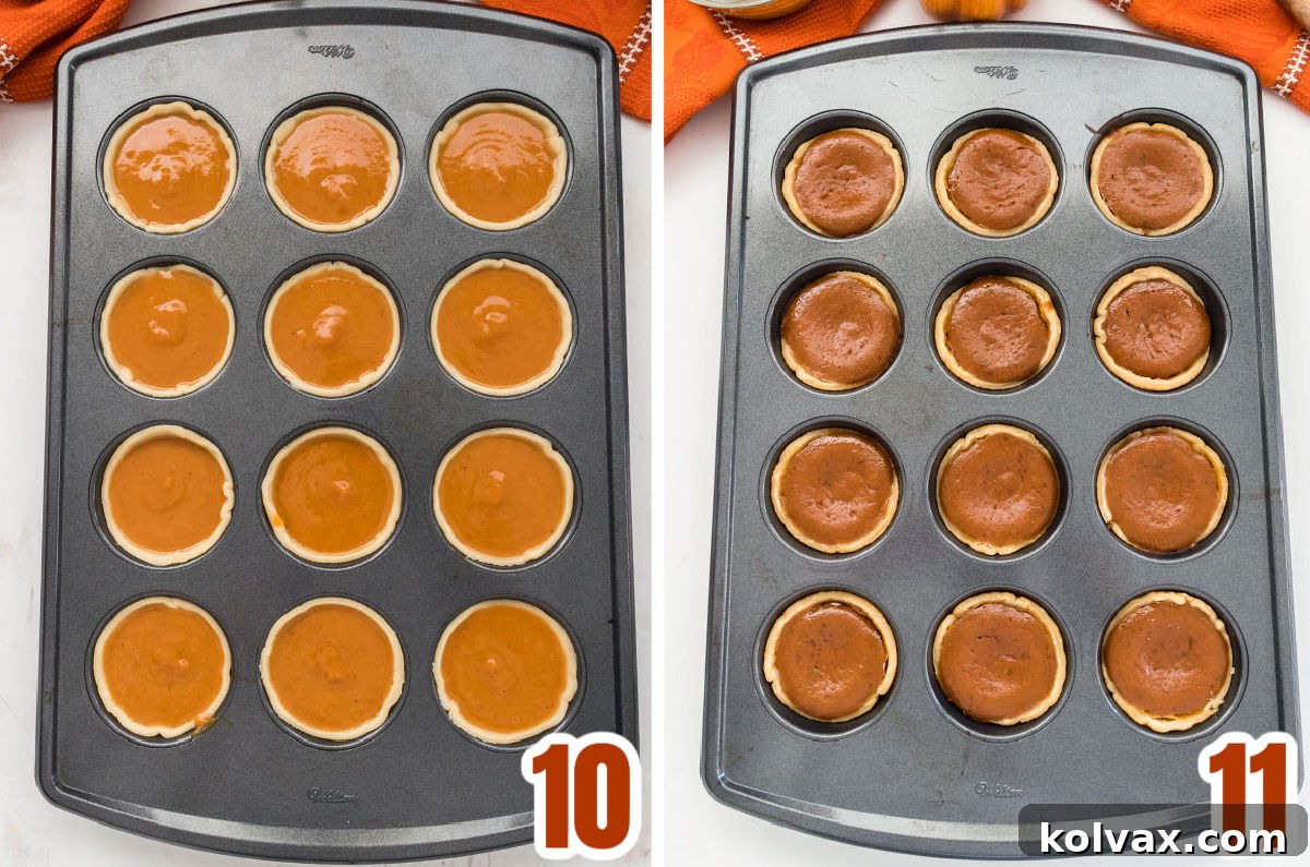 Collage image showing the Mini Pumpkin Pies before going into the oven, filled with pumpkin mixture in their crusts, and after they come out of the oven, golden brown and set.