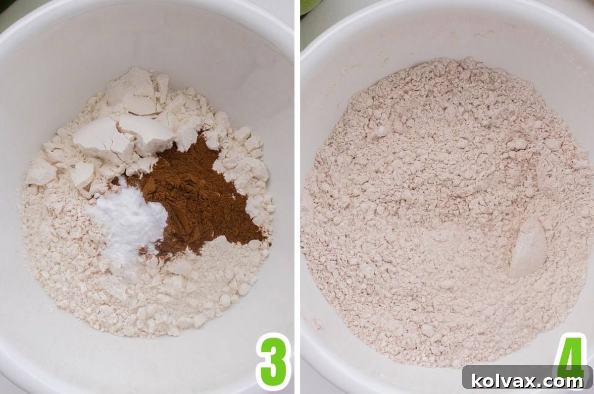 Orchard Apple Cake with Cream Cheese Crown 5 A collage image detailing the process of combining dry ingredients for the apple cake batter. The first panel shows flour, cinnamon, and baking soda in a mixing bowl. The second panel shows a whisk expertly combining these dry ingredients until uniformly blended, highlighting the importance of this step for even flavor distribution.