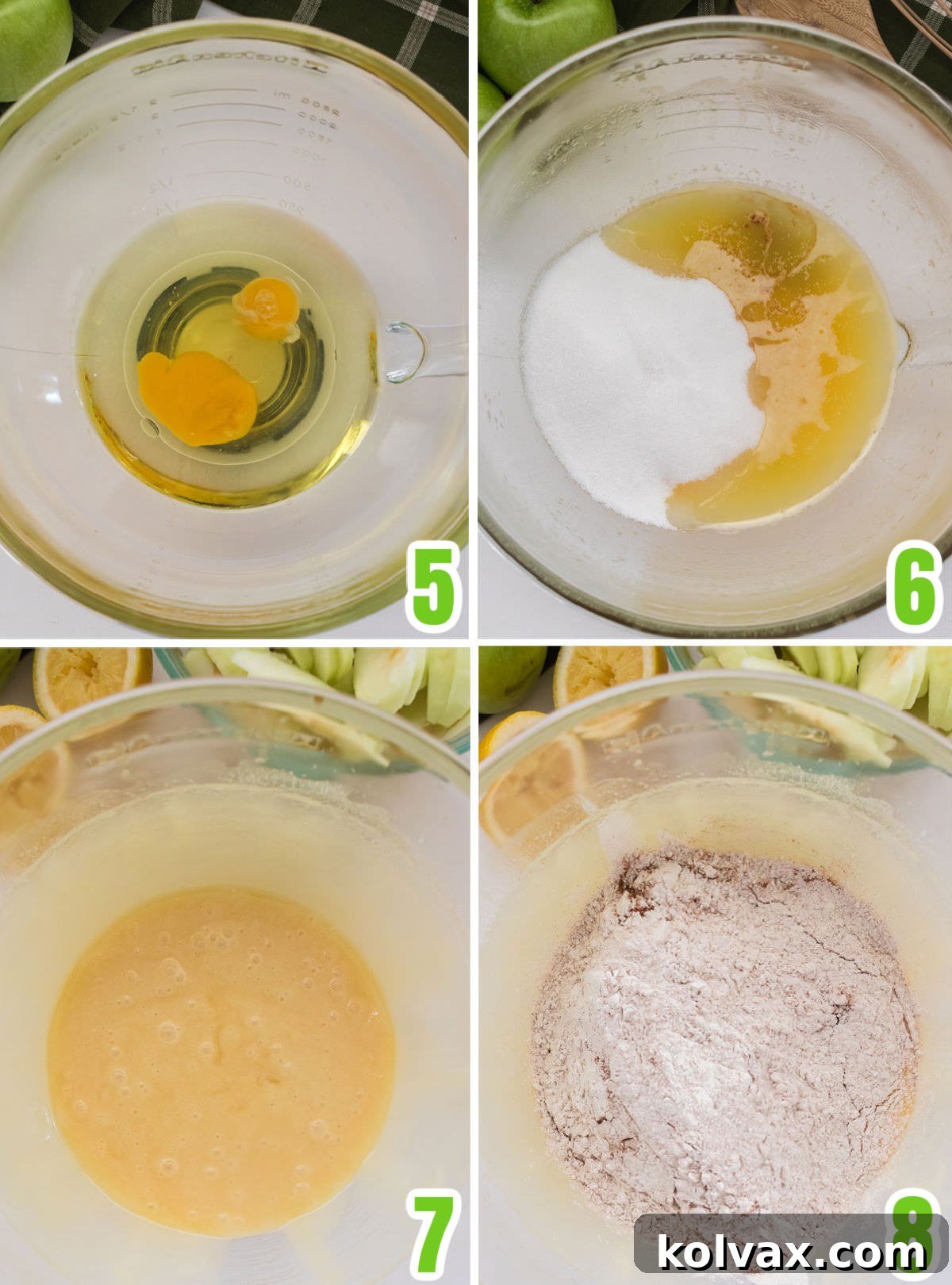 Orchard Apple Cake with Cream Cheese Crown 6 A collage image demonstrating the stages of making the wet batter for the Apple Cake. The first panel shows oil and eggs in a mixing bowl ready to be beaten. The second panel shows the mixture after beating, frothy and light. The third panel shows the addition of sugar and vanilla, and the final panel shows the fully combined wet ingredients, smooth and ready for the dry mixture.