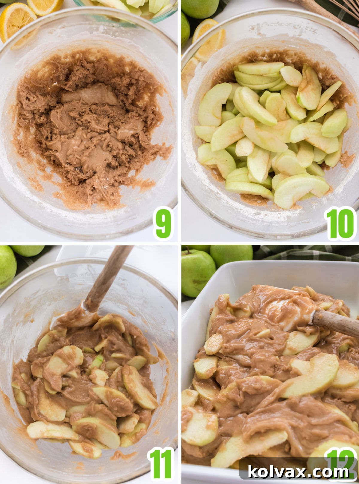 Orchard Apple Cake with Cream Cheese Crown 7 A collage image showing the final steps of preparing the Apple Cake batter. The first panel shows the dry ingredients just added to the wet batter. The second panel illustrates gently mixing the batter with a spoon until just combined. The third panel depicts adding the prepared apple slices to the thick batter. The final panel shows the apples being carefully folded into the sticky, thick cake batter, ready for baking.