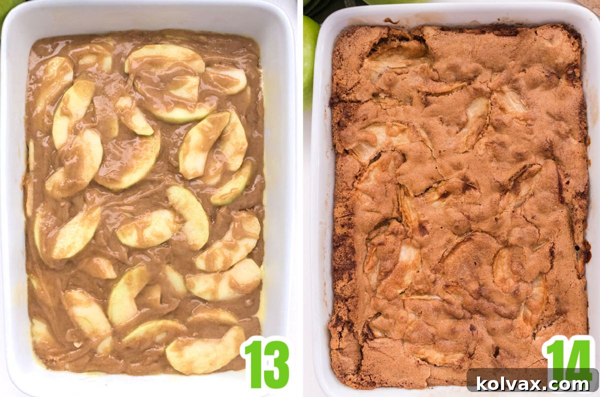 Orchard Apple Cake with Cream Cheese Crown 8 A two-panel collage showing the transformation of the Apple Cake during baking. The first panel shows the unbaked apple cake batter spread evenly in a 9x13 pan, ready to go into the oven. The second panel features the same cake, now beautifully golden brown and risen, freshly taken out of the oven, signaling its perfect doneness.
