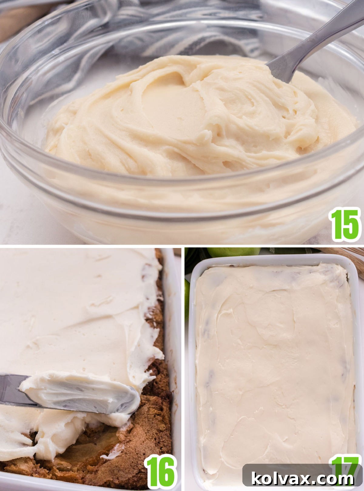 Orchard Apple Cake with Cream Cheese Crown 9 A vibrant collage image demonstrating the process of frosting the Apple Cake. The first panel shows a bowl of freshly made, fluffy cream cheese frosting. The second panel shows a spatula scooping a generous amount of frosting onto the cooled apple cake. The final panel shows the cake beautifully frosted with an even, thick layer of creamy white frosting, ready to be served.