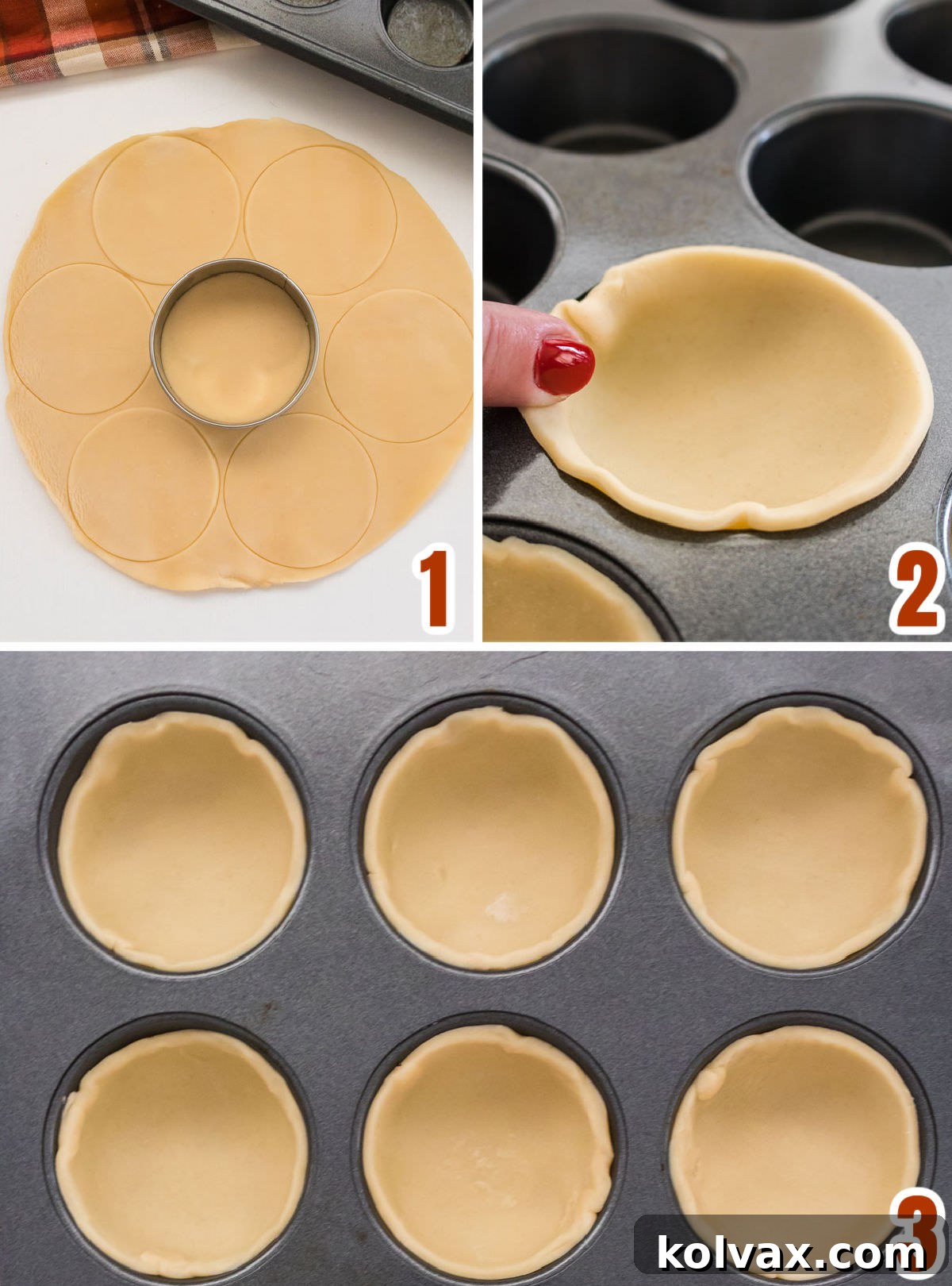 Collage image demonstrating the step-by-step process of preparing the pie crusts for Mini Pecan Pies, from cutting to placing in a muffin tin.