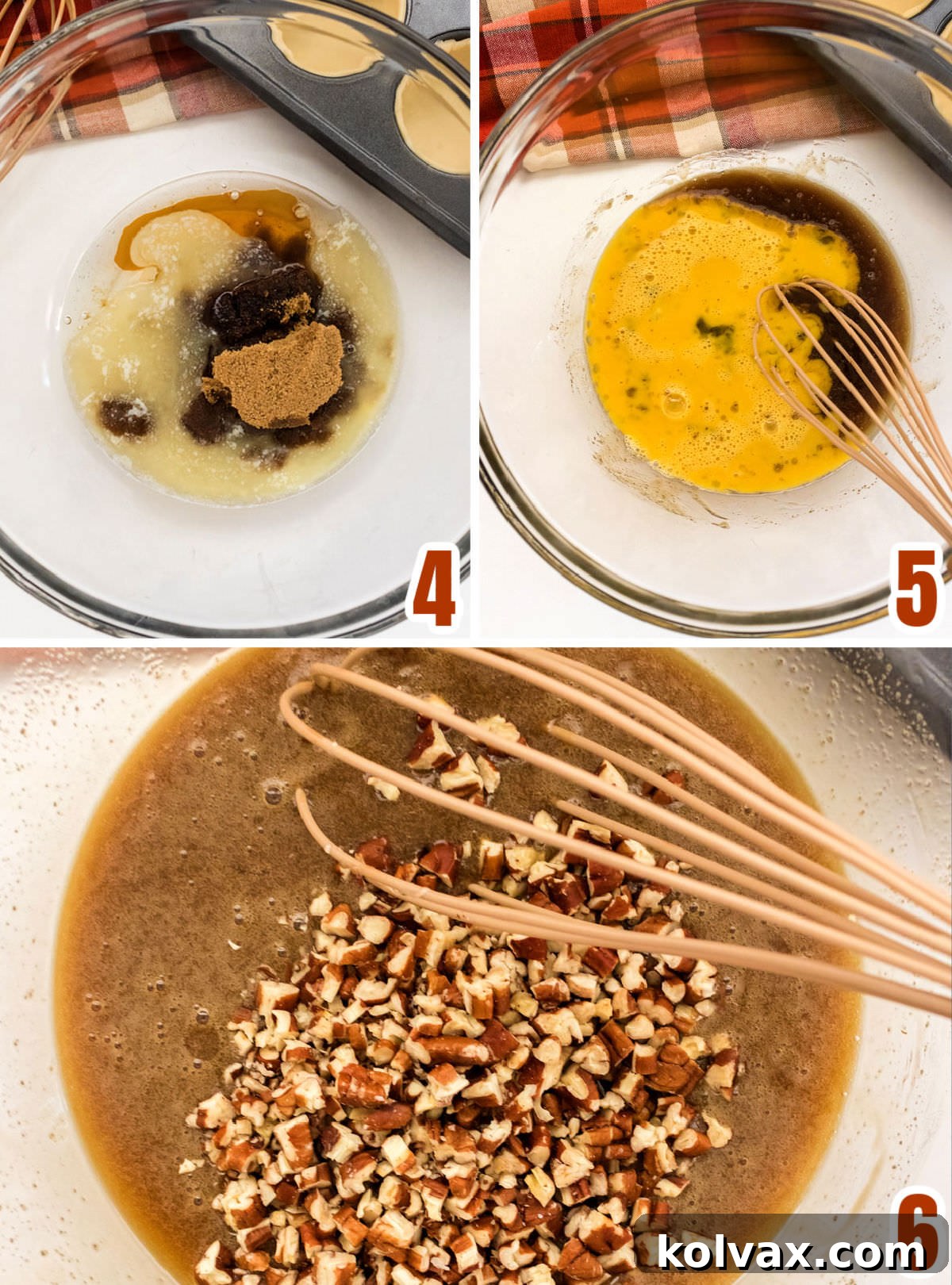 Collage image showing the process of making the Pecan Pie Filling, from mixing ingredients to adding chopped pecans.