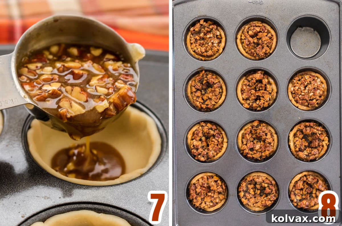 Collage image demonstrating how to fill the mini pie crusts with the pecan pie filling before baking.