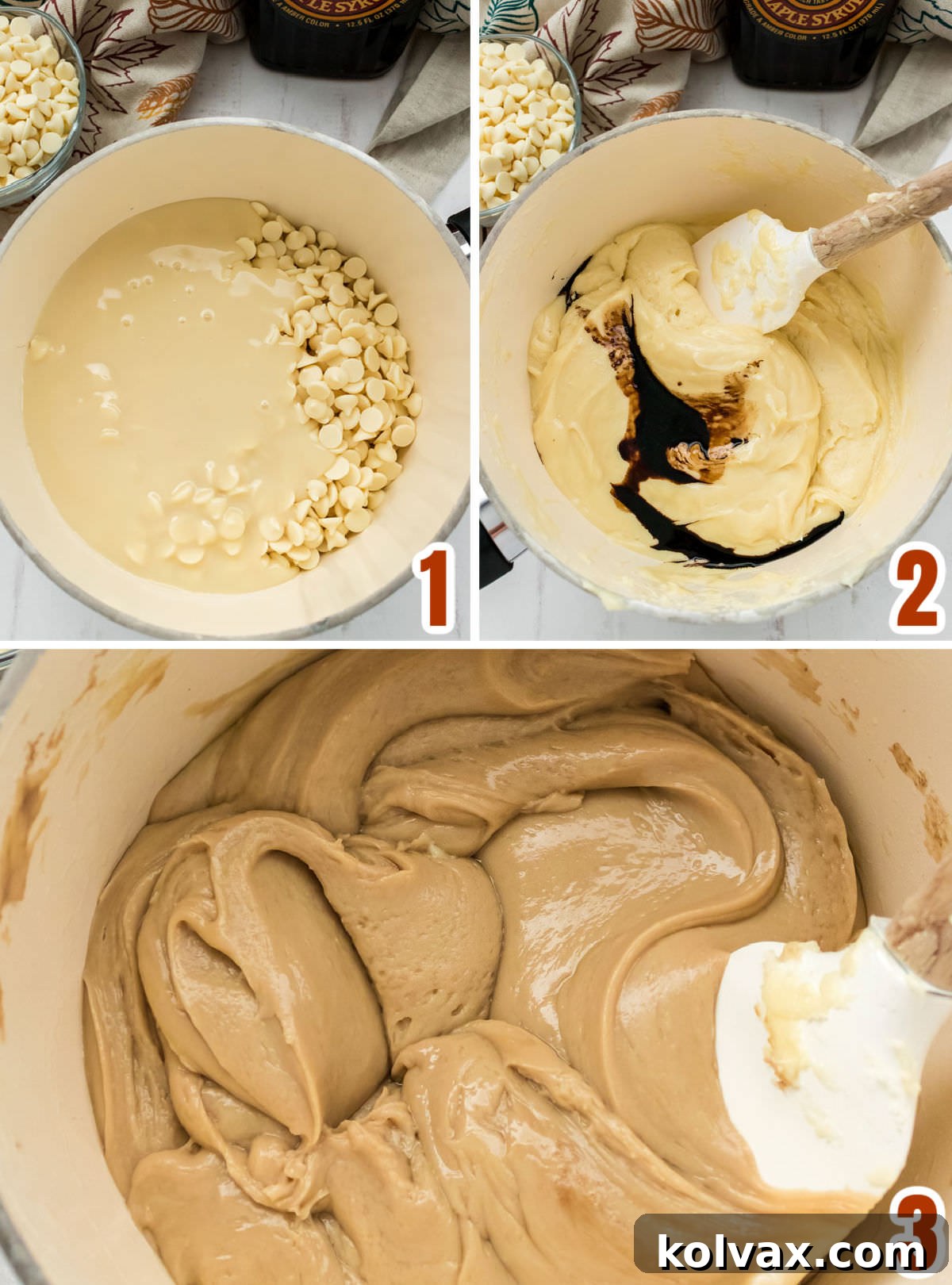 Collage image showing how to make the Maple Fudge Mixture.