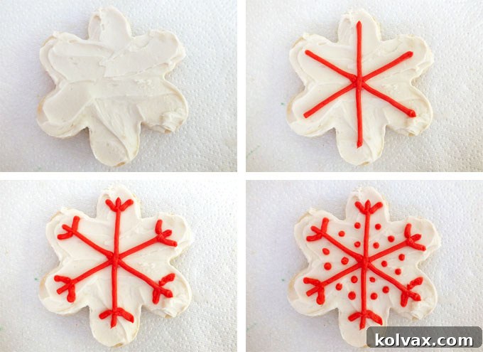 Step-by-step guide showing how to transform a simple flower cookie into an elegant snowflake design