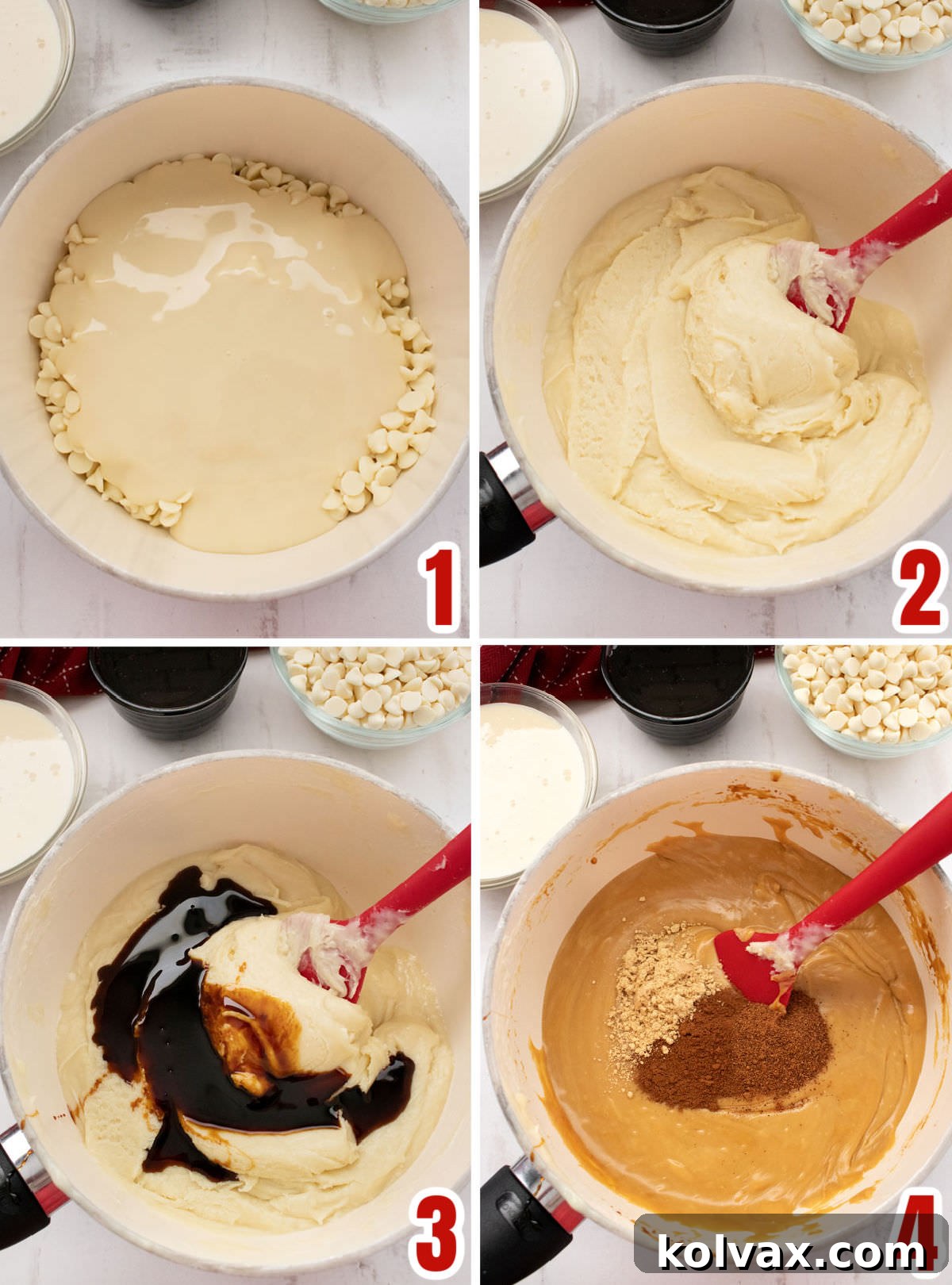 A visual collage illustrating the initial steps of making Gingerbread Fudge, showing the melting of white chocolate chips and sweetened condensed milk in a saucepan.