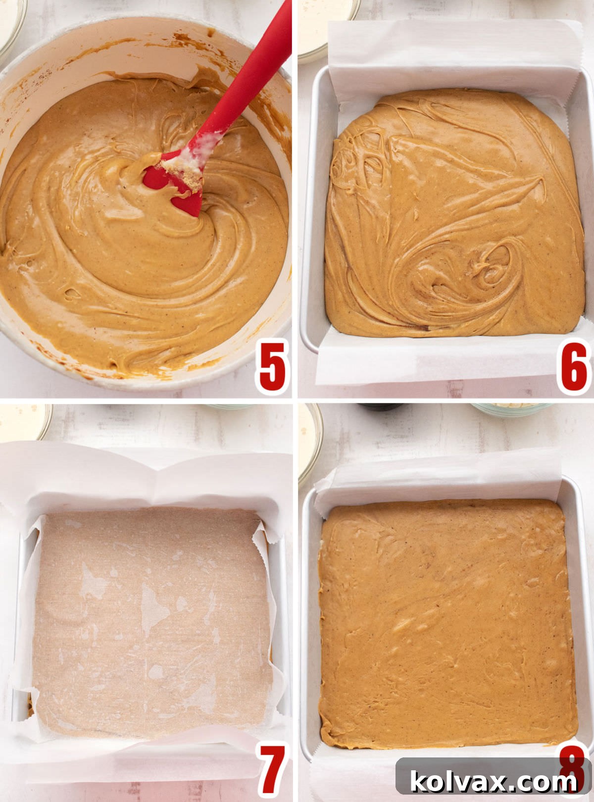 A collage image depicting the final steps of preparing Gingerbread Fudge, showing the smooth fudge mixture being poured and spread into an 8x8 inch pan lined with parchment paper, ready for cooling.