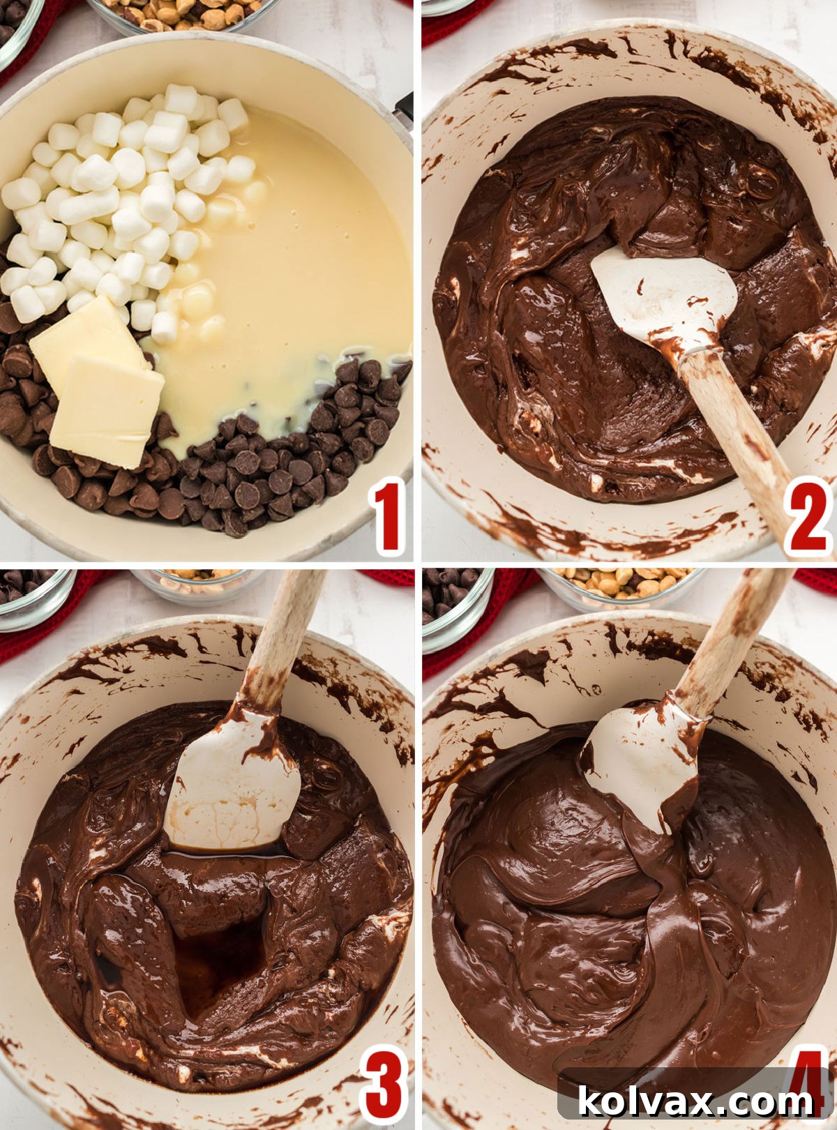 Decadent Rocky Road Bliss 4 A visual guide showing the initial steps of making Rocky Road Fudge: combining chocolate chips, sweetened condensed milk, mini marshmallows, and butter in a saucepan, then gently melting and stirring the mixture to create a smooth, glossy chocolate base.