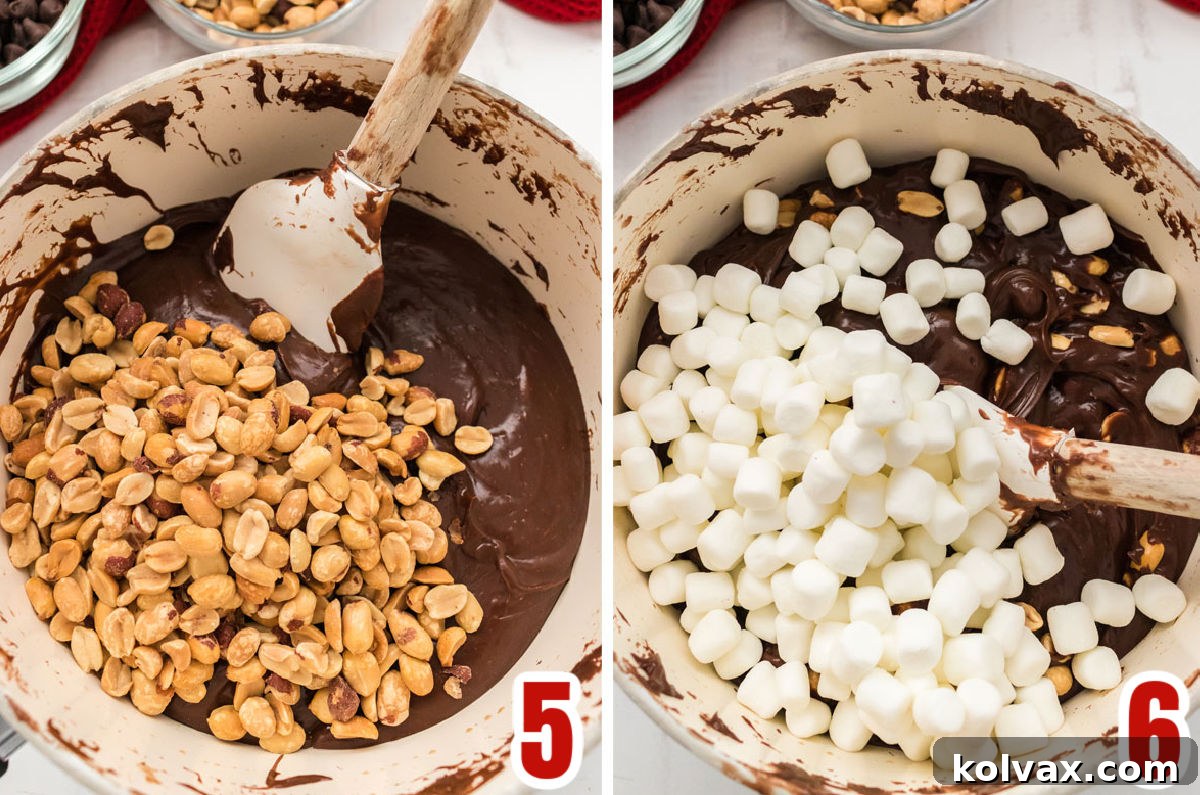 Decadent Rocky Road Bliss 5 A two-part image demonstrating the final mix-in steps for Rocky Road Fudge: first, folding crunchy peanuts into the warm chocolate fudge, and then gently incorporating fluffy mini marshmallows, ensuring they are evenly distributed.