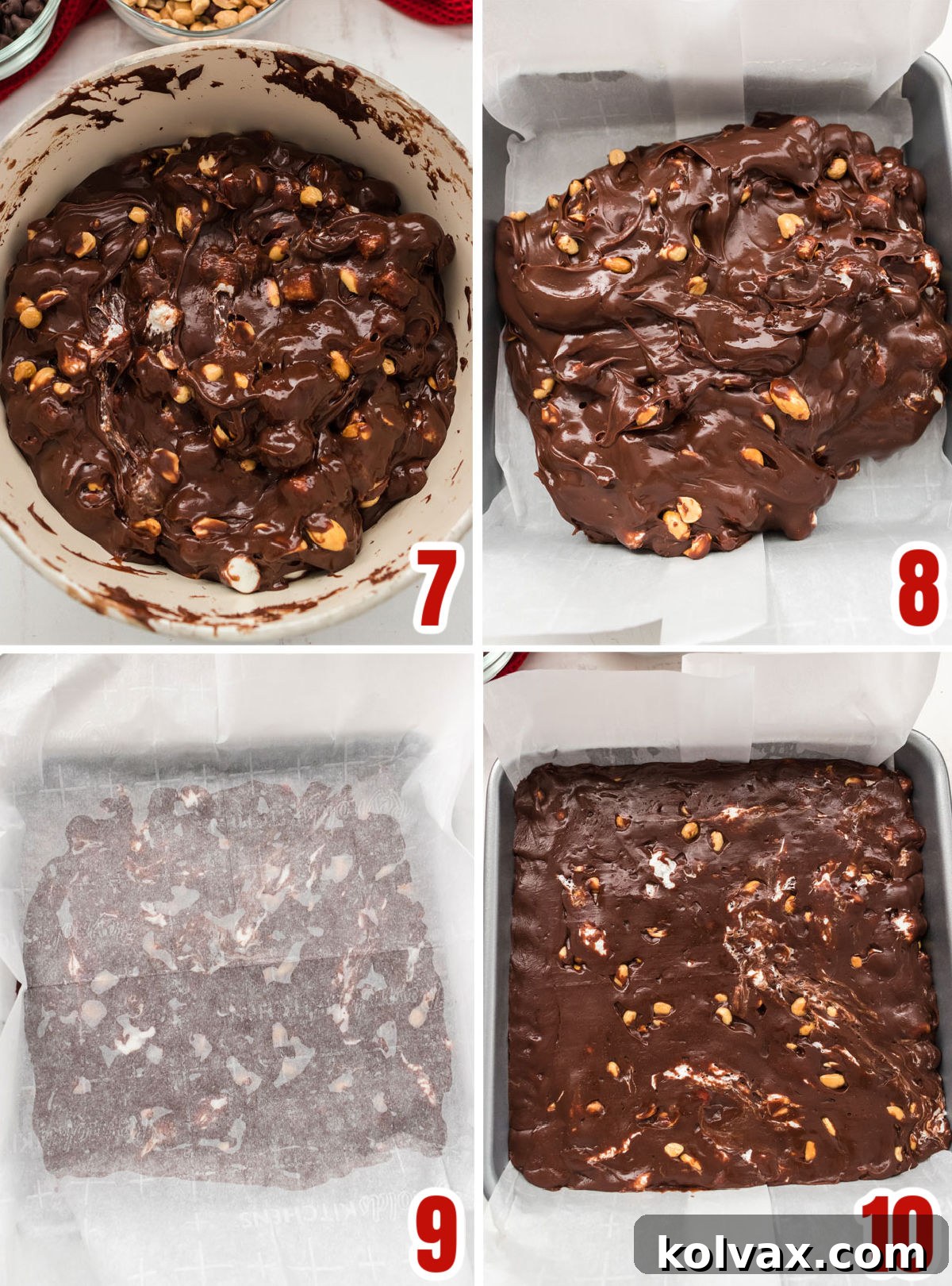 Decadent Rocky Road Bliss 6 A collage demonstrating the crucial final steps of making Rocky Road Fudge: lining an 8x8-inch pan with parchment paper, pouring the decadent fudge mixture into the prepared pan, and smoothing the top for a professional finish before chilling.