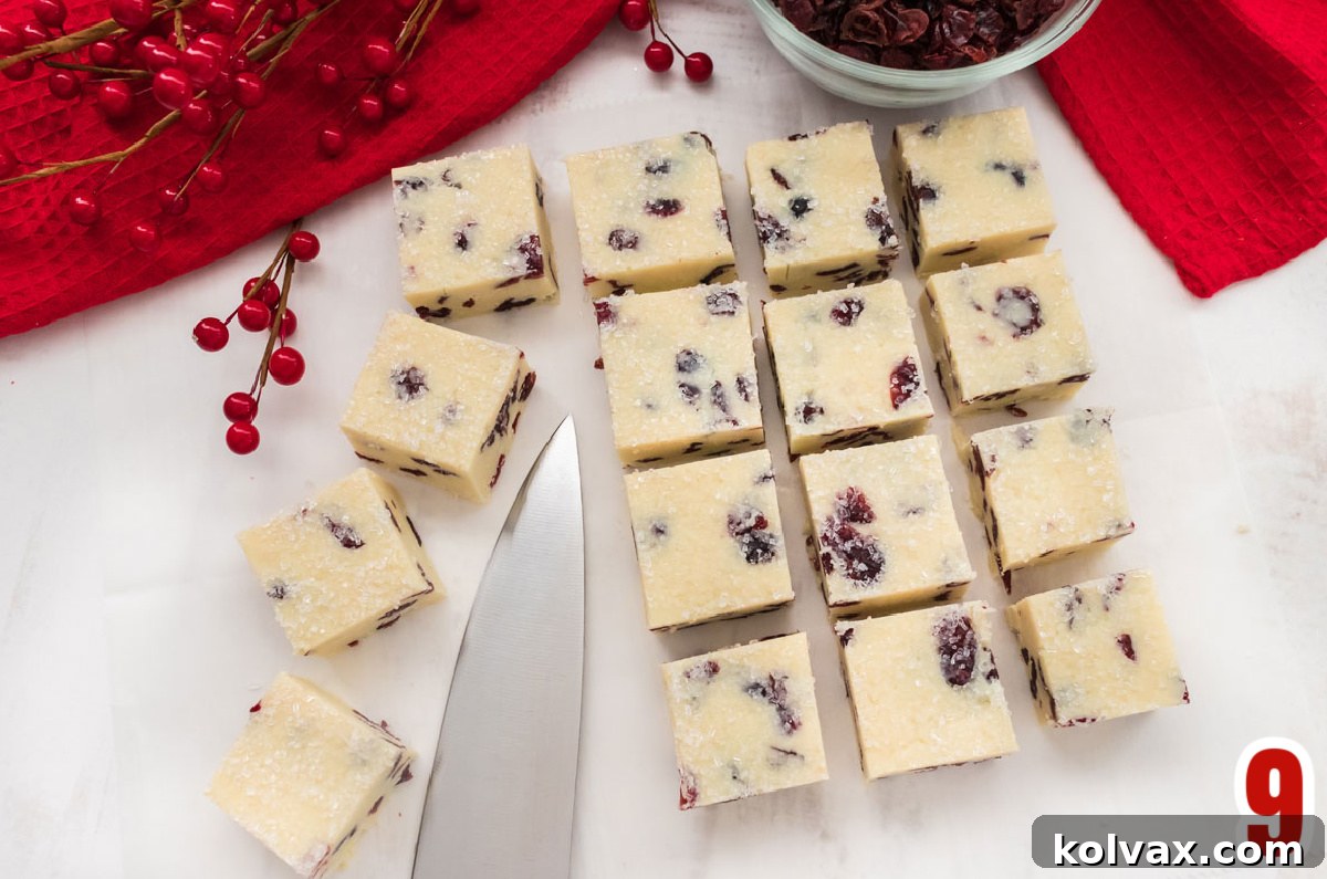 Overhead shot of sixteen White Chocolate Cranberry Fudge arranged in rows on a white table surrounded by cranberries.