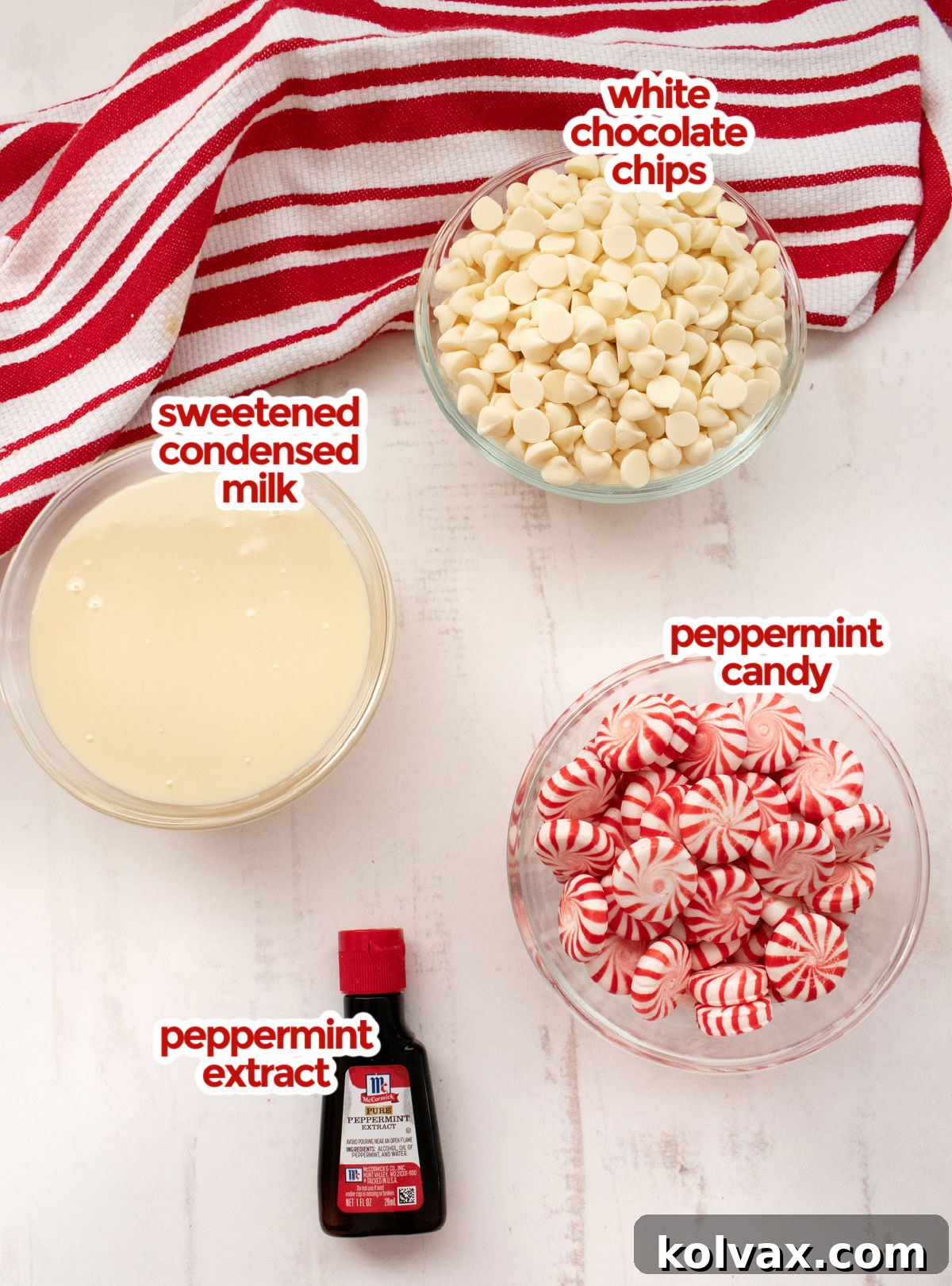 All the ingredients you will need to make Peppermint Fudge including White Chocolate Chips, Sweetened Condensed Milk, Peppermint Candy and Peppermint Extract.