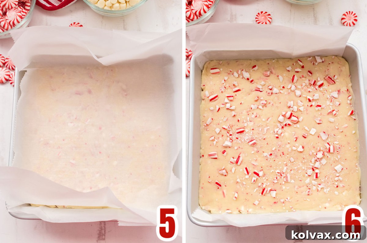 Collage image showing the steps for pouring the Fudge mixture into the 8x8" pan to cool.