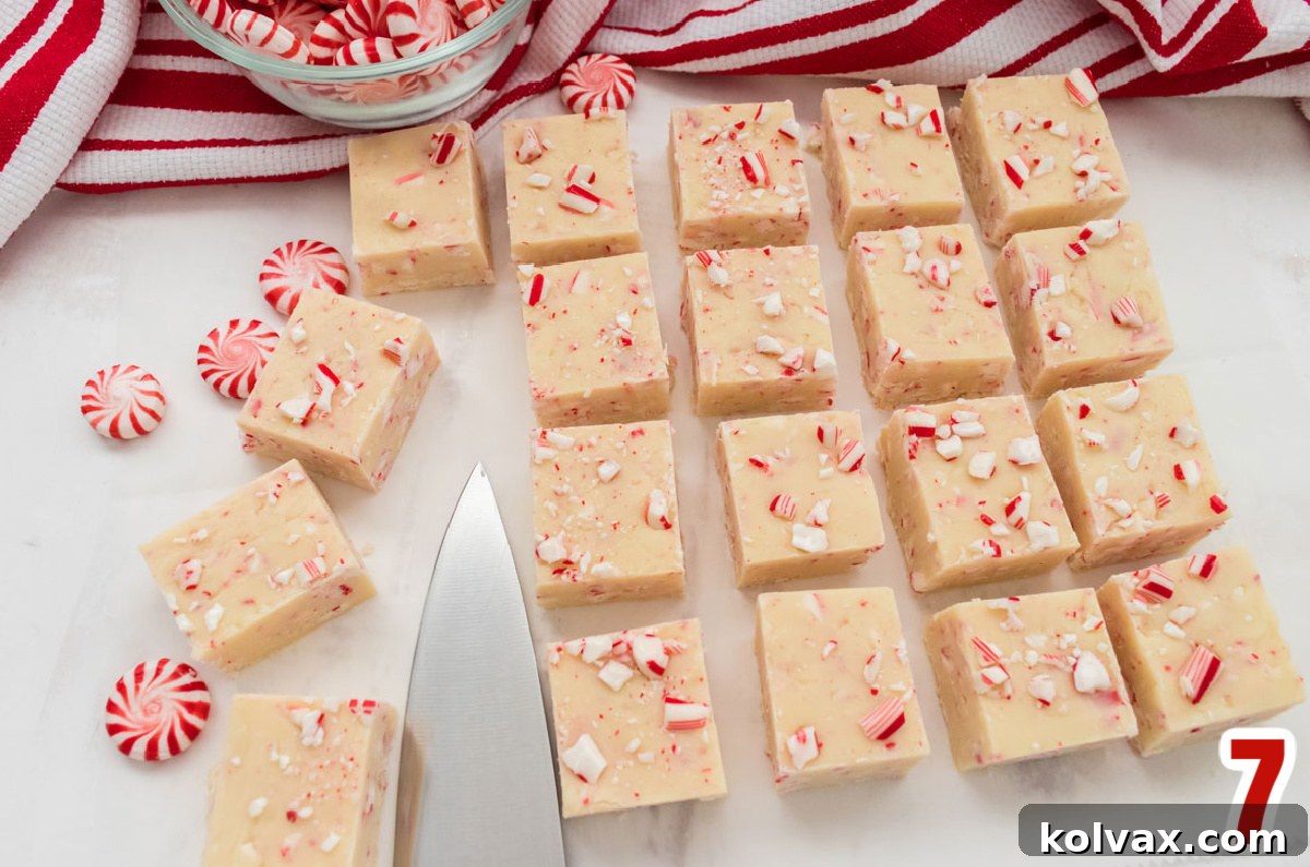 Overhead shot of 20 Peppermint Fudge candies arranged in rows on a white surface surrounded by Peppermint Candies and a knife.