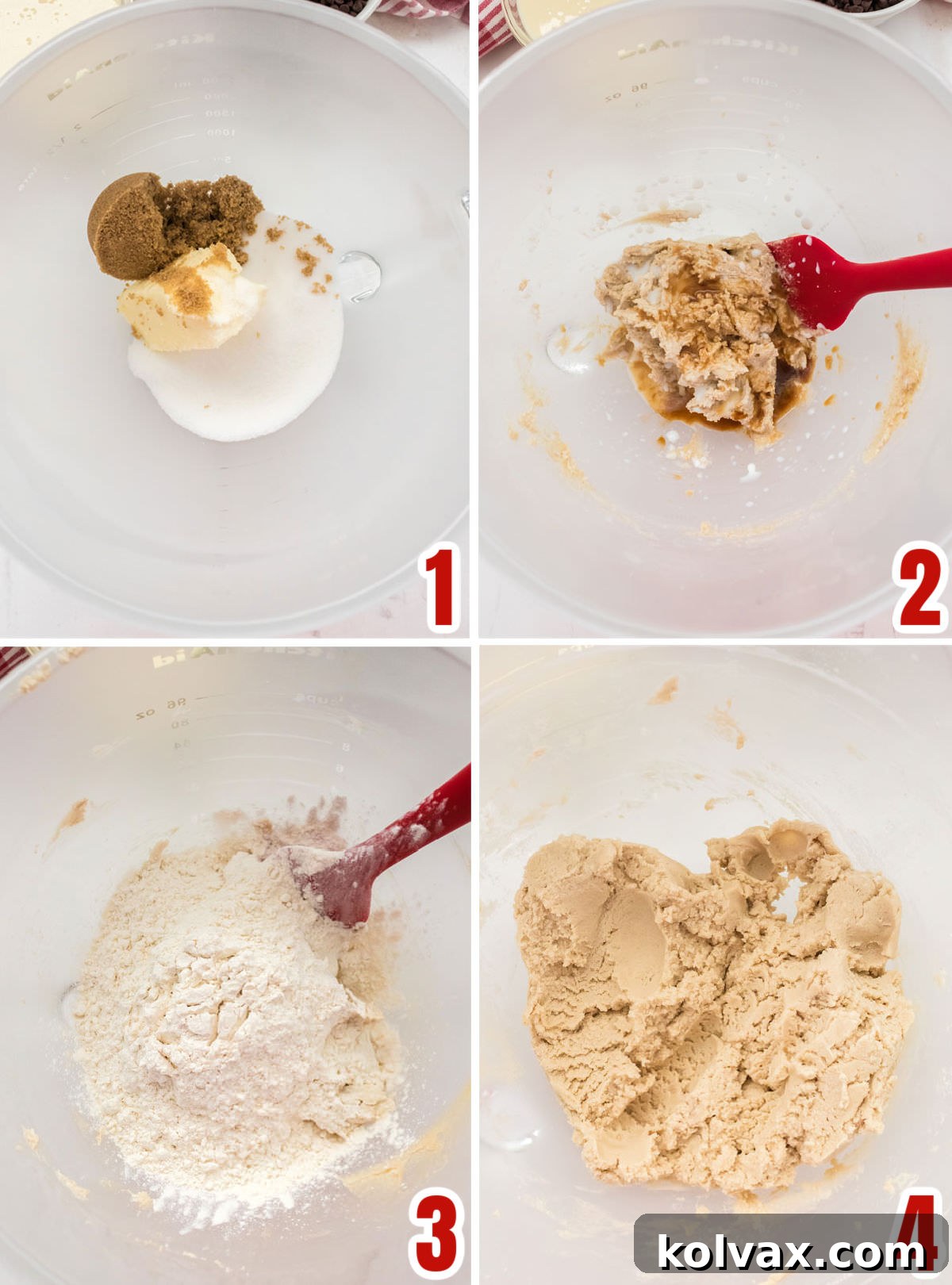 A collage demonstrating the steps to prepare the edible cookie dough component of the fudge: creaming butter and sugars, adding wet ingredients, and finally mixing in the heat-treated flour.