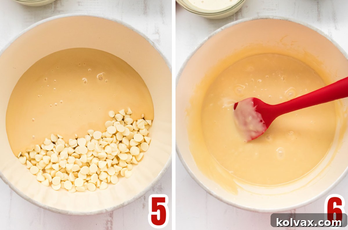 A visual guide showing the process of melting white chocolate chips and sweetened condensed milk in a saucepan for the fudge base.