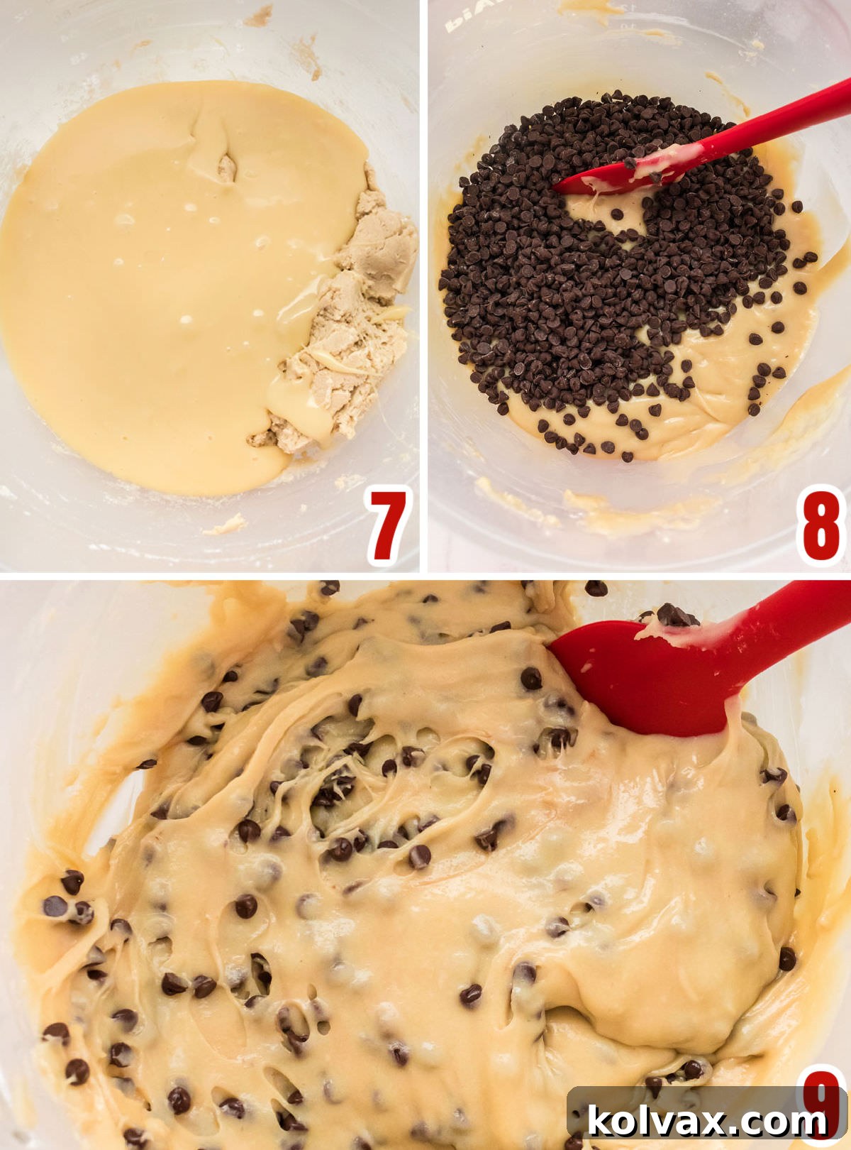 A collage illustrating the final mixing stages of the Cookie Dough Fudge: pouring melted white chocolate over cookie dough and then folding in mini chocolate chips.