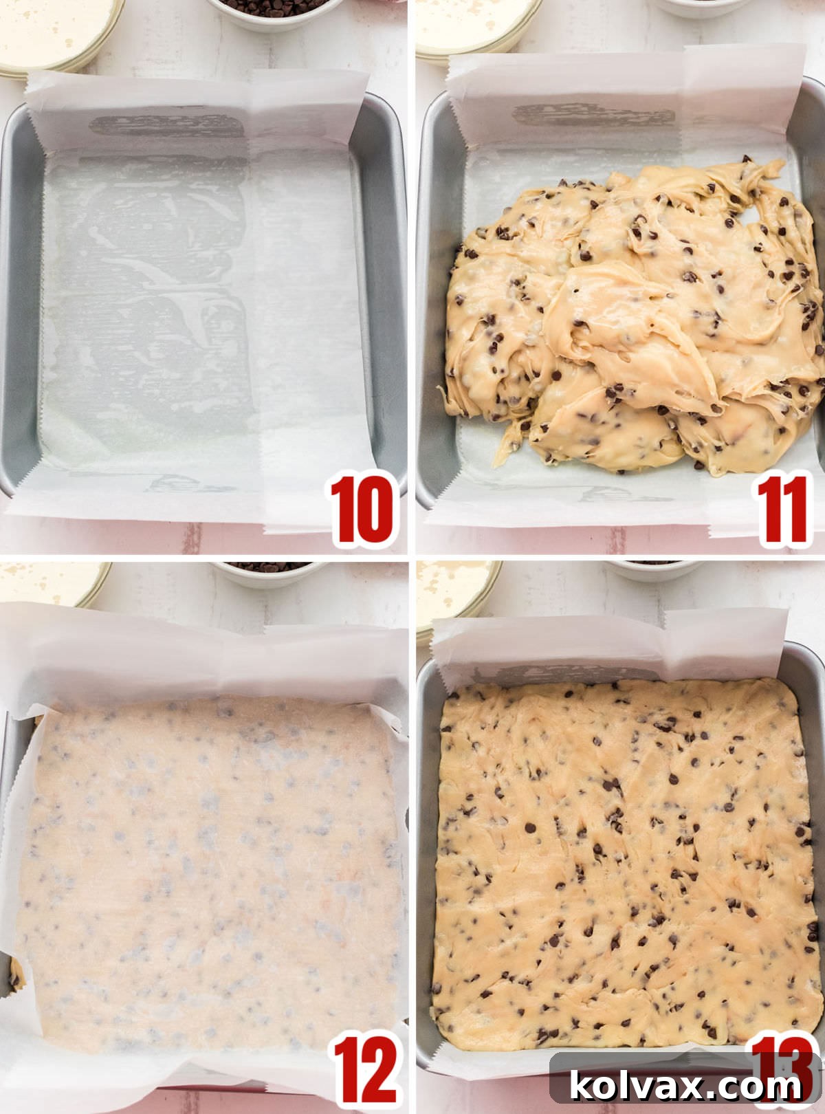 A collage depicting the steps to transfer and cool the Cookie Dough Fudge: lining an 8x8 inch pan, pouring in the mixture, smoothing it out, and covering it for refrigeration.