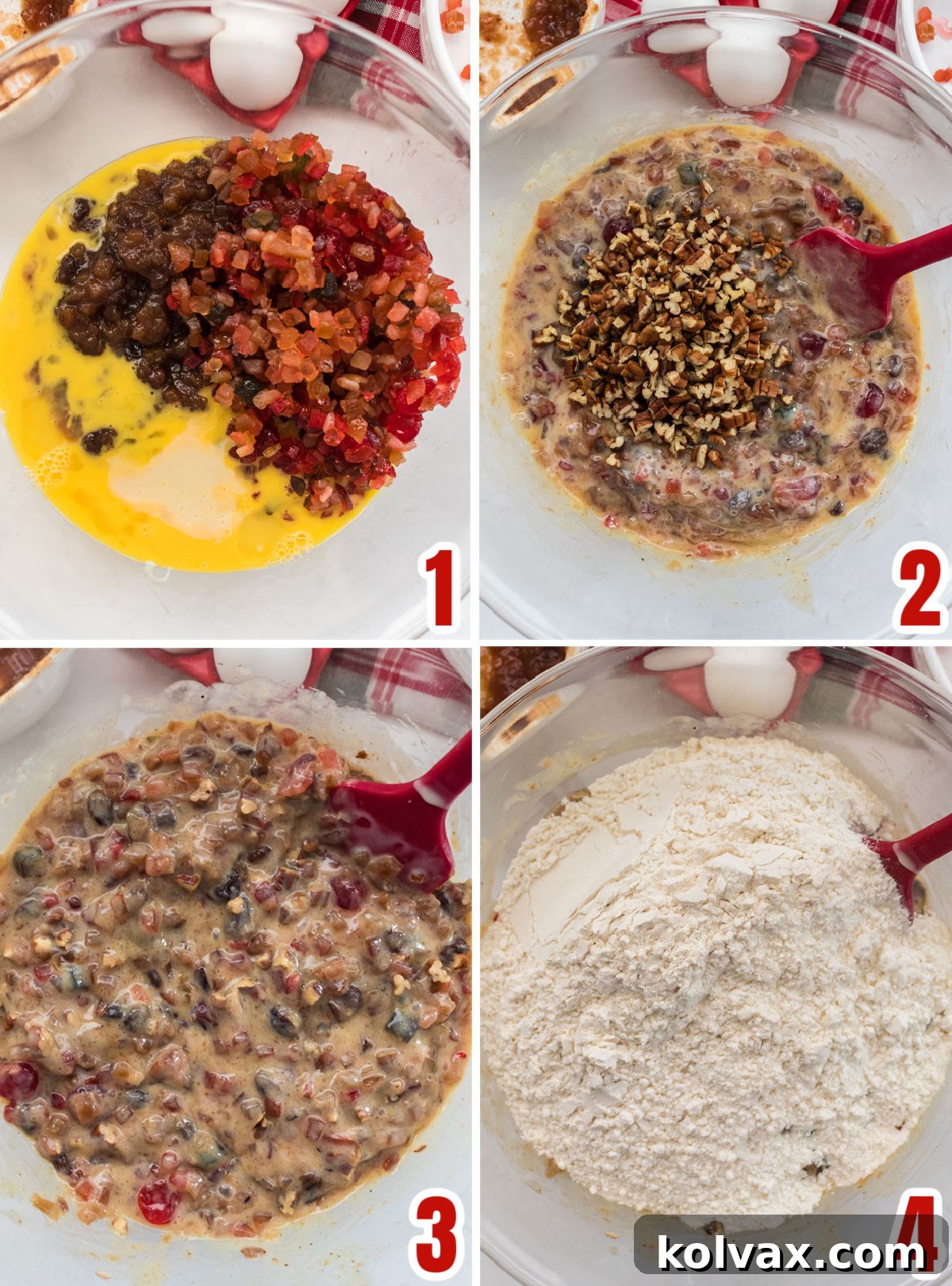 Collage image demonstrating the step-by-step process of how to make the Fruit Cake Cake Batter, showing ingredients being mixed in a bowl.
