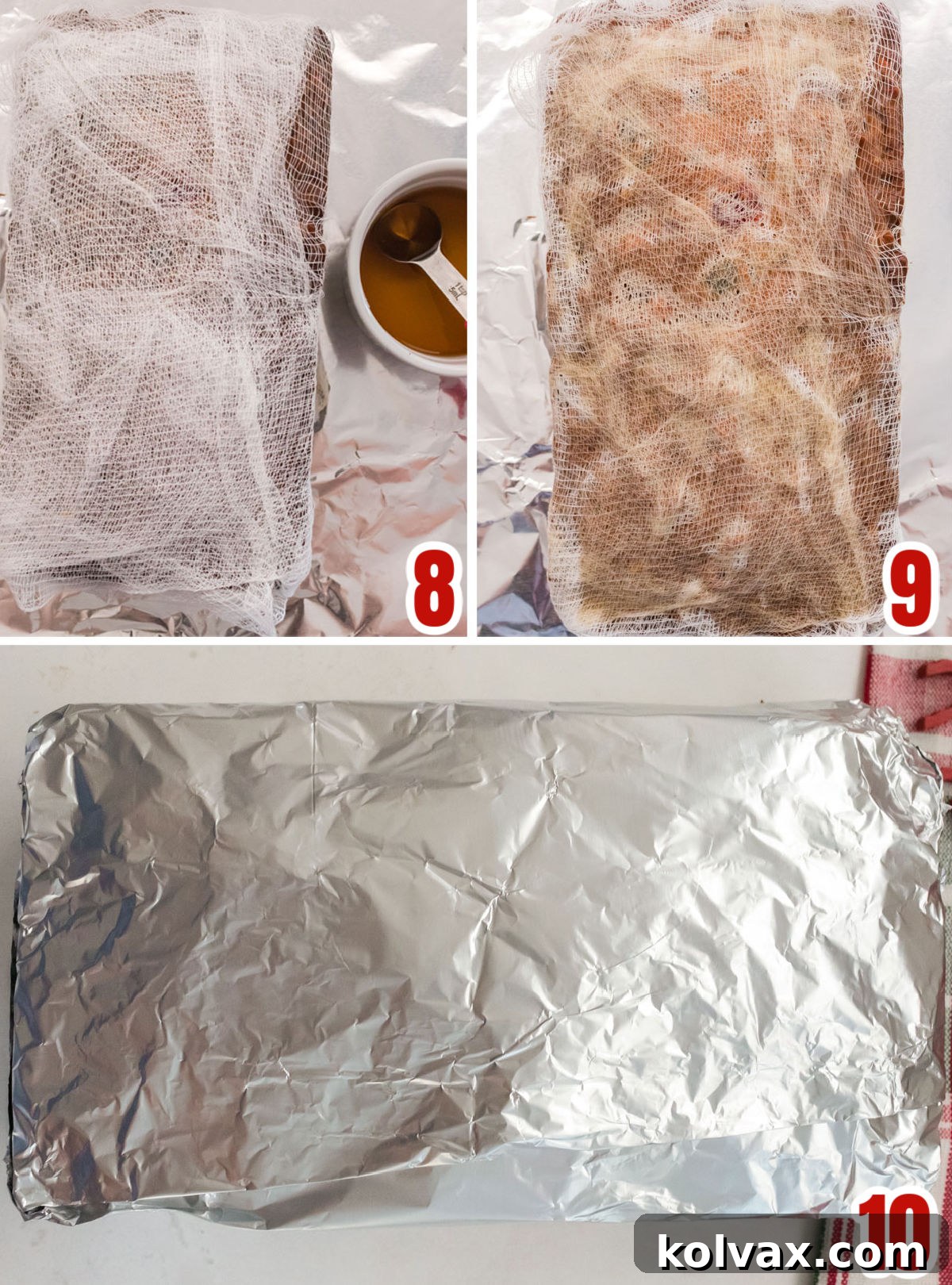 Collage image demonstrating the steps to ripen Fruit Cake, showing cakes wrapped in cheesecloth and then being brushed with alcohol.