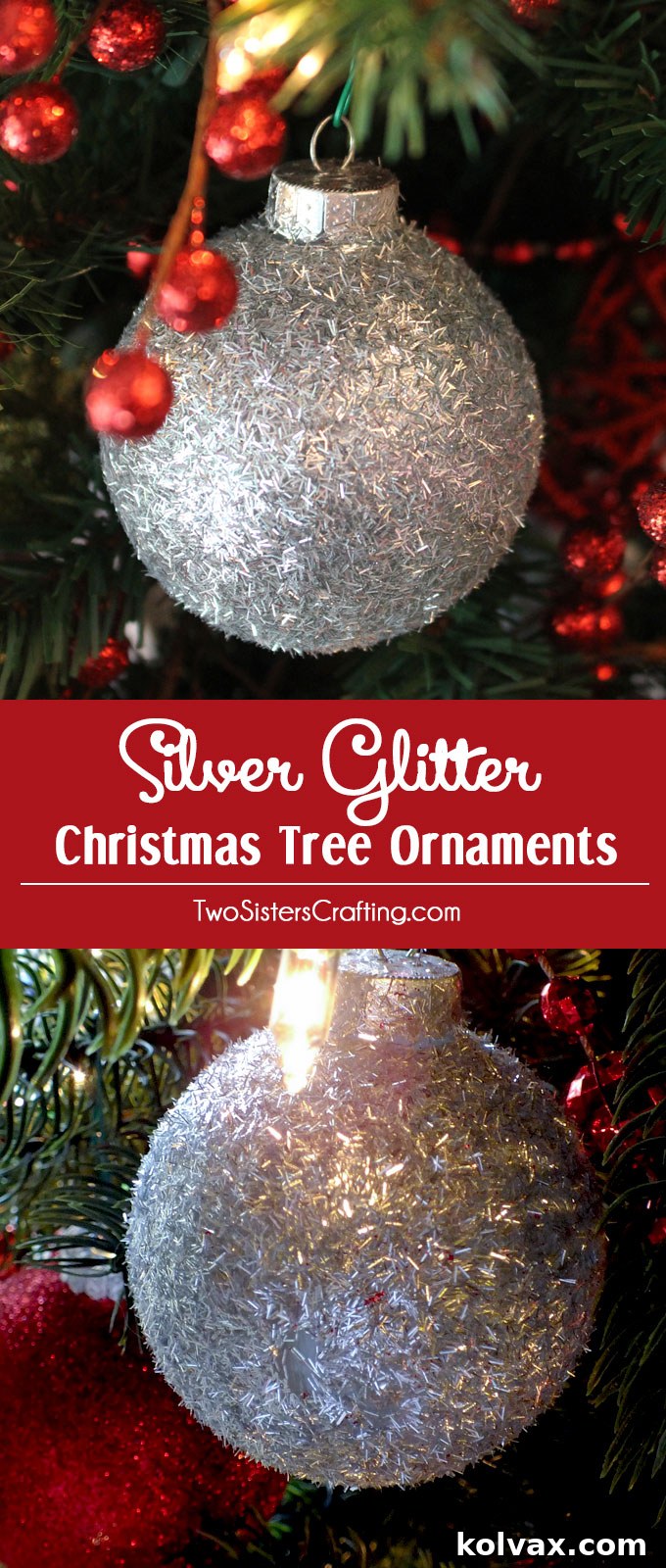 Sparkling Silver Christmas Tree Baubles 11 Long Pinterest pin graphic for Silver Glitter Christmas Tree Ornaments craft project, featuring finished ornaments and supplies.